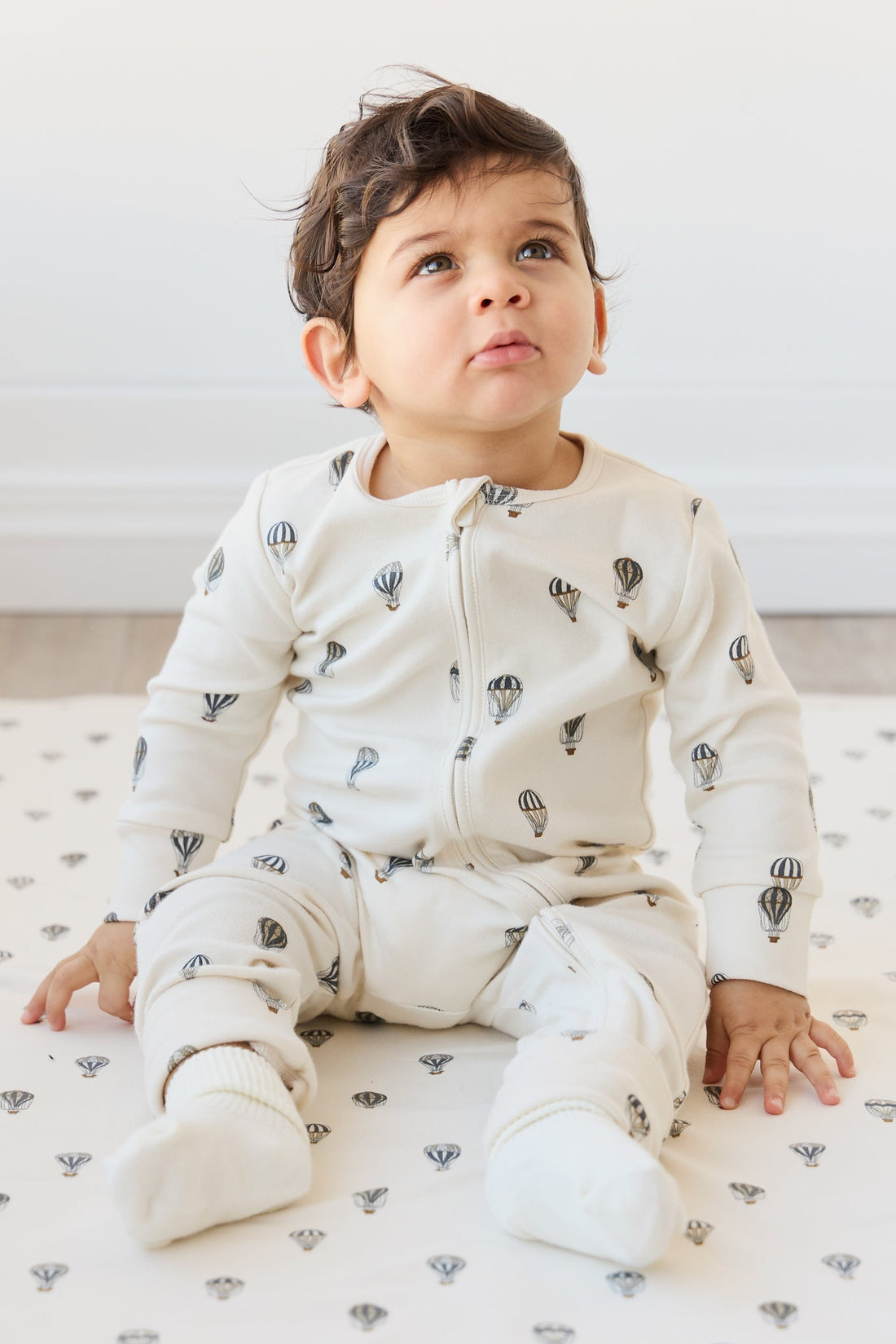 Organic Cotton Reese Zip Onepiece - Montgolfiere Cloud Childrens Onepiece from Jamie Kay USA