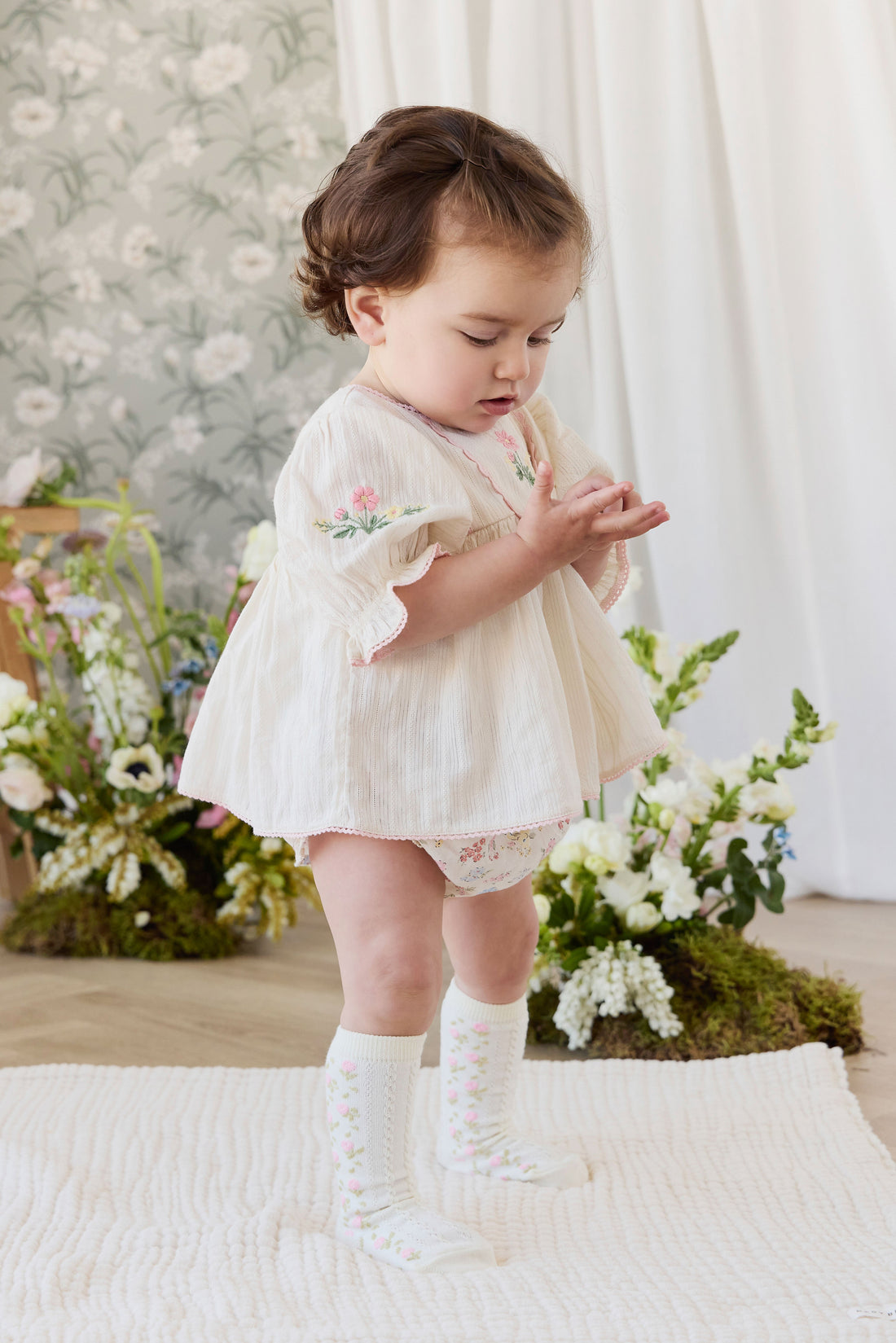 Amelia Knee High Sock - Amelia Flower Jacquard Parchment Childrens Socks from Jamie Kay USA
