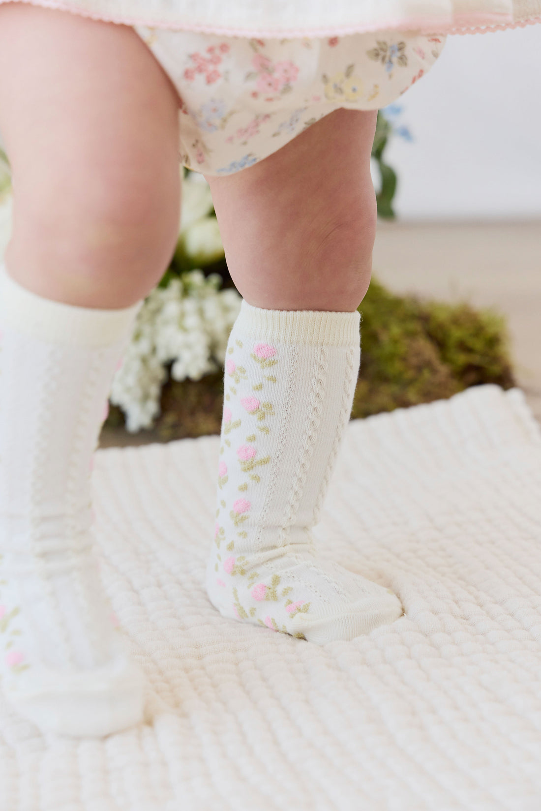 Amelia Knee High Sock - Amelia Flower Jacquard Parchment Childrens Socks from Jamie Kay USA