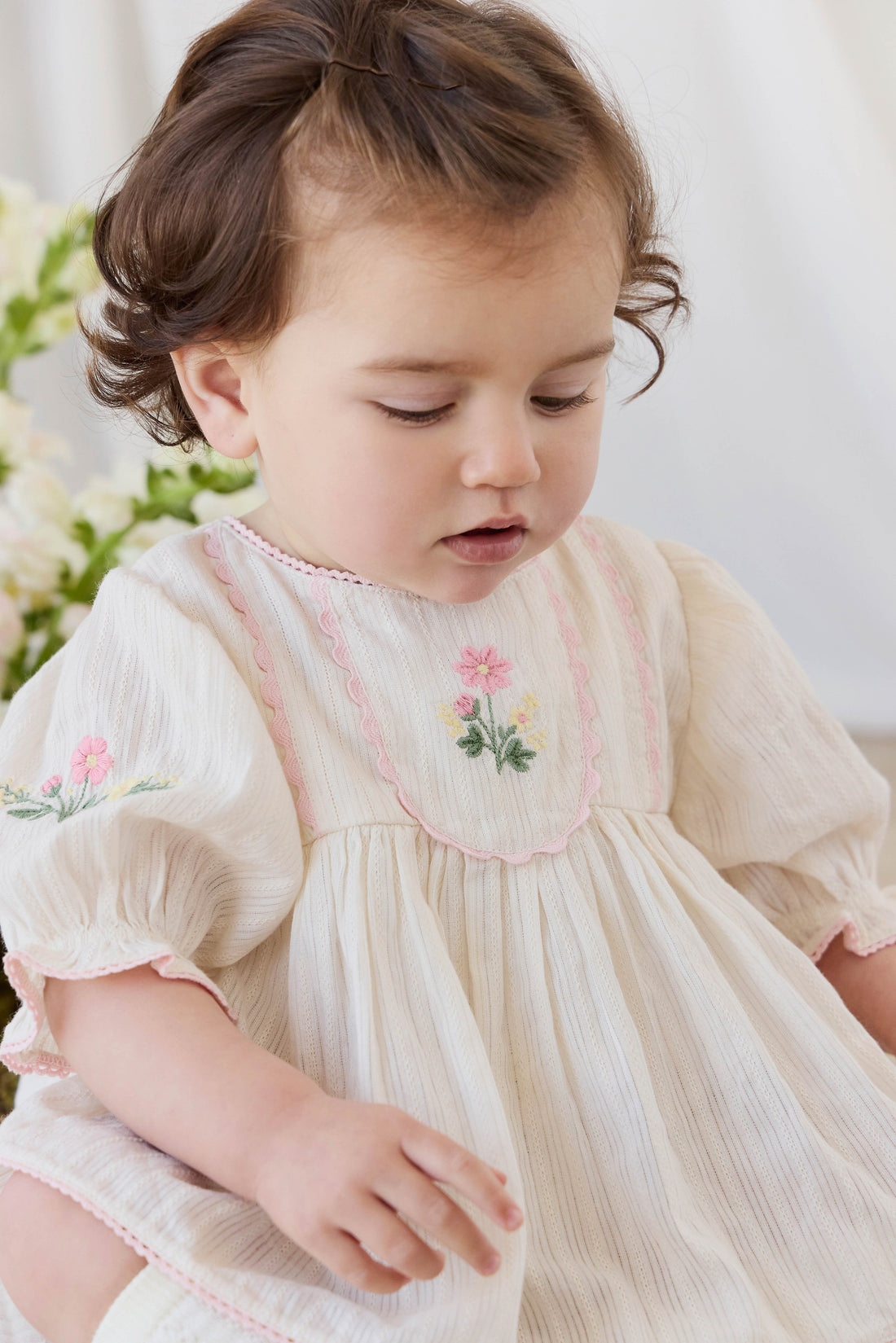 Organic Cotton Whitley Top - Vanilla Embroidery Pink Childrens Top from Jamie Kay USA