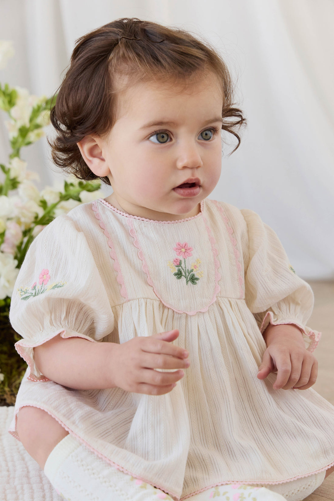 Organic Cotton Whitley Top - Vanilla Embroidery Pink Childrens Top from Jamie Kay USA