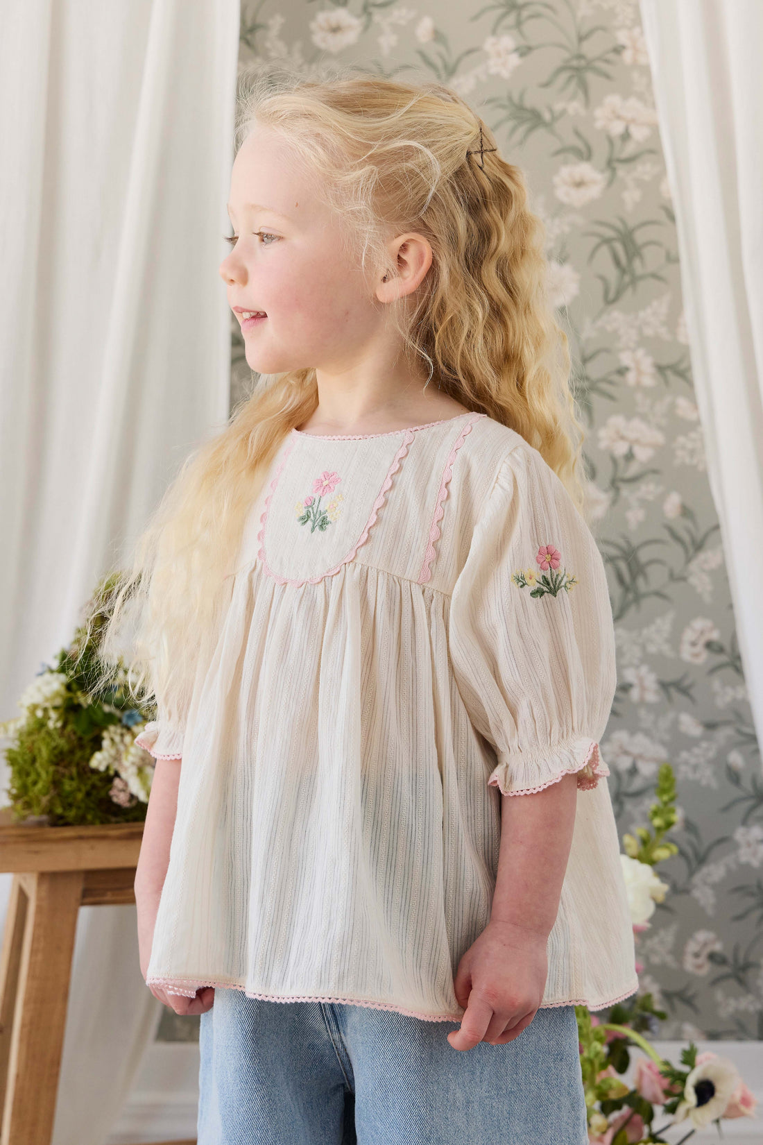 Organic Cotton Whitley Top - Vanilla Embroidery Pink Childrens Top from Jamie Kay USA