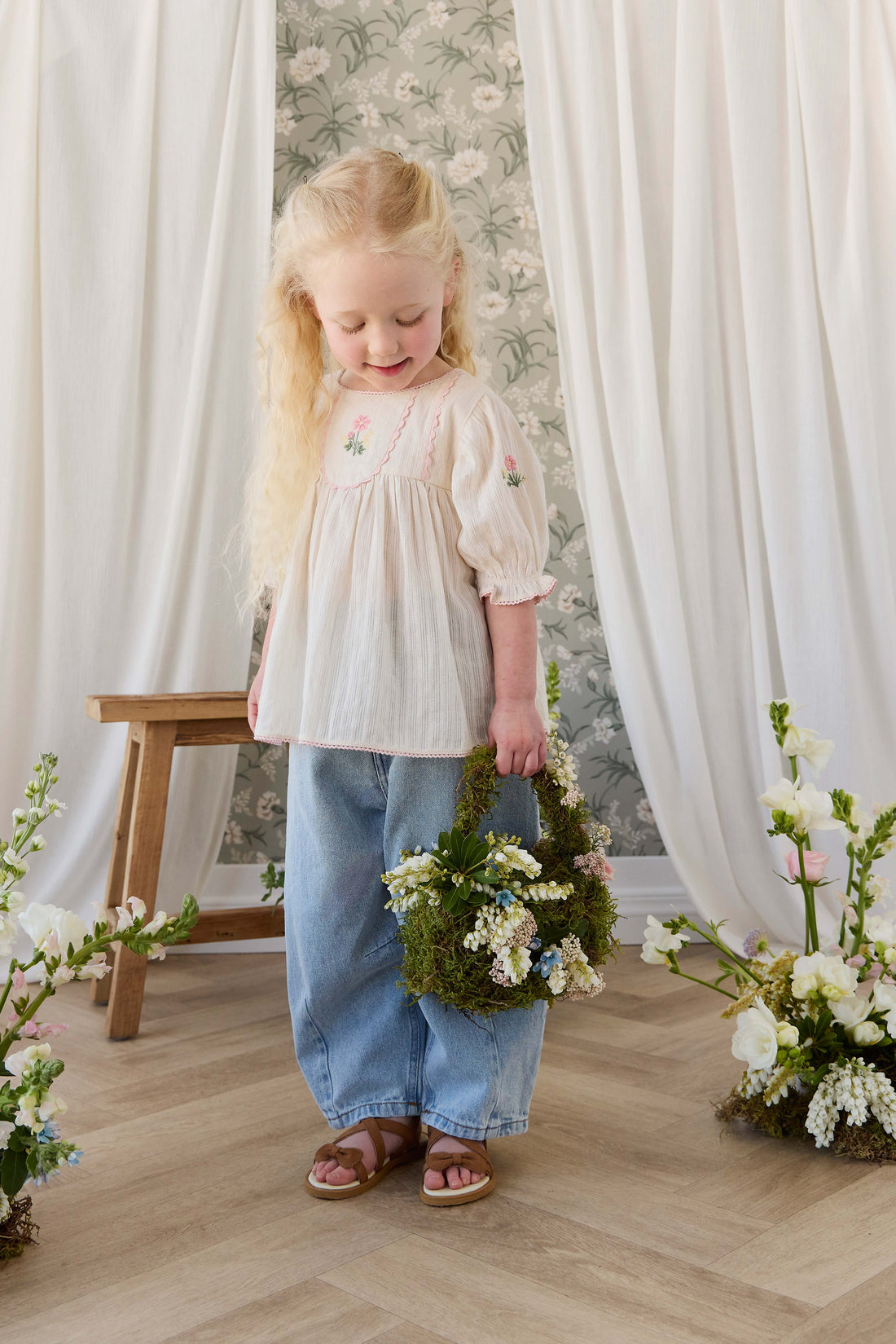 Organic Cotton Whitley Top - Vanilla Embroidery Pink Childrens Top from Jamie Kay USA