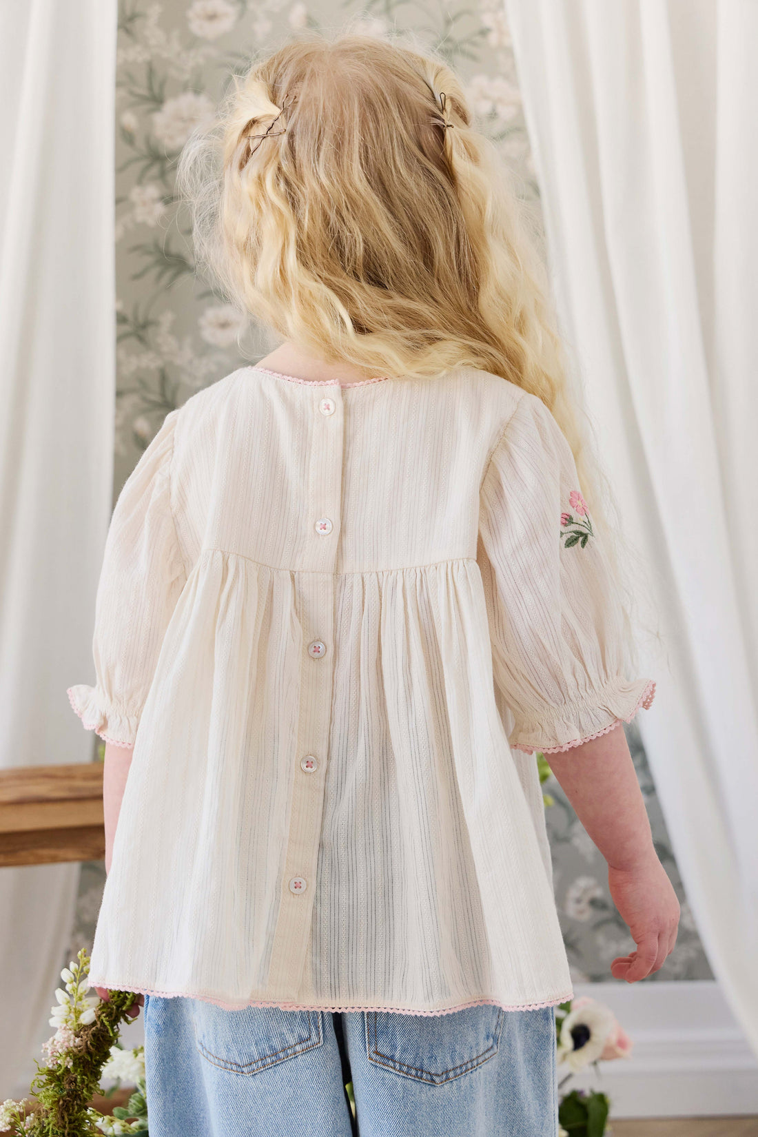 Organic Cotton Whitley Top - Vanilla Embroidery Pink Childrens Top from Jamie Kay USA