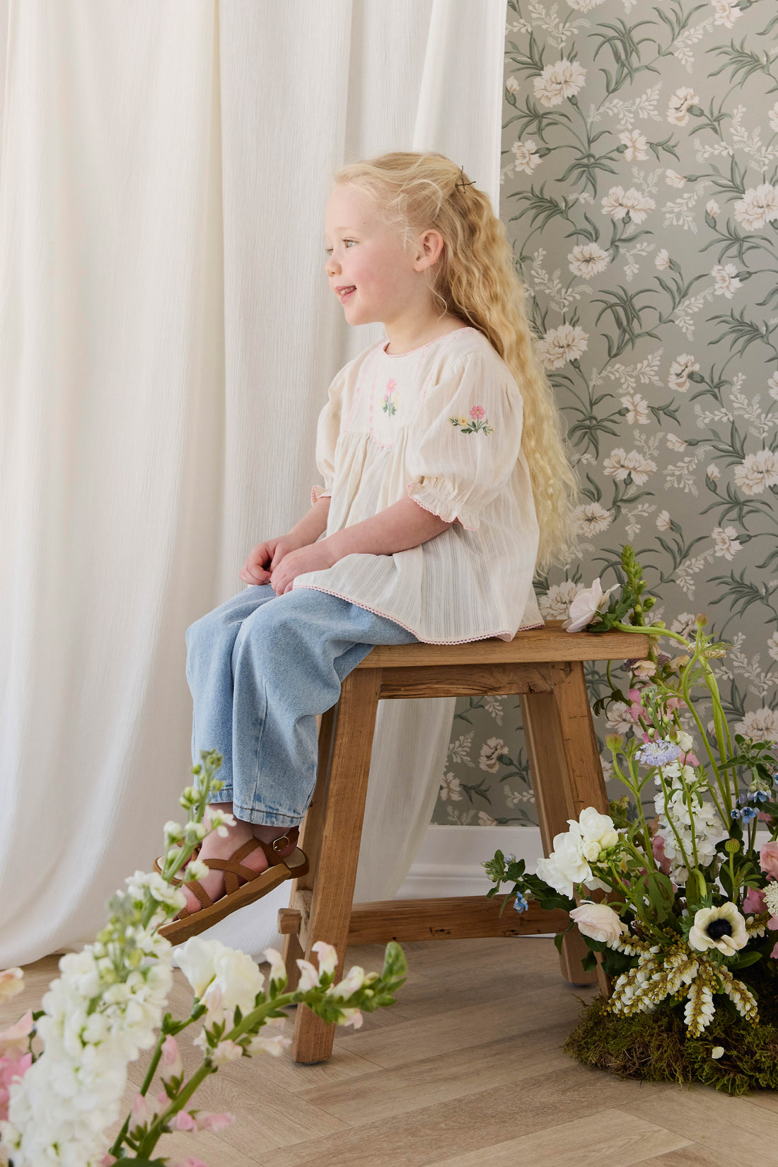 Organic Cotton Whitley Top - Vanilla Embroidery Pink Childrens Top from Jamie Kay USA