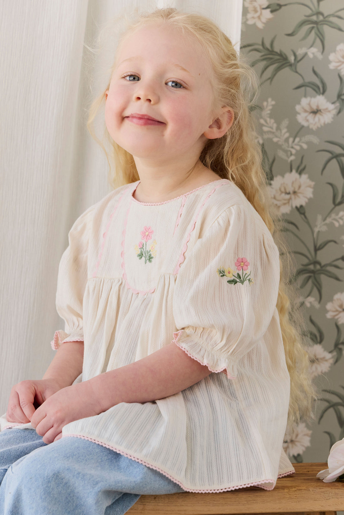 Organic Cotton Whitley Top - Vanilla Embroidery Pink Childrens Top from Jamie Kay USA
