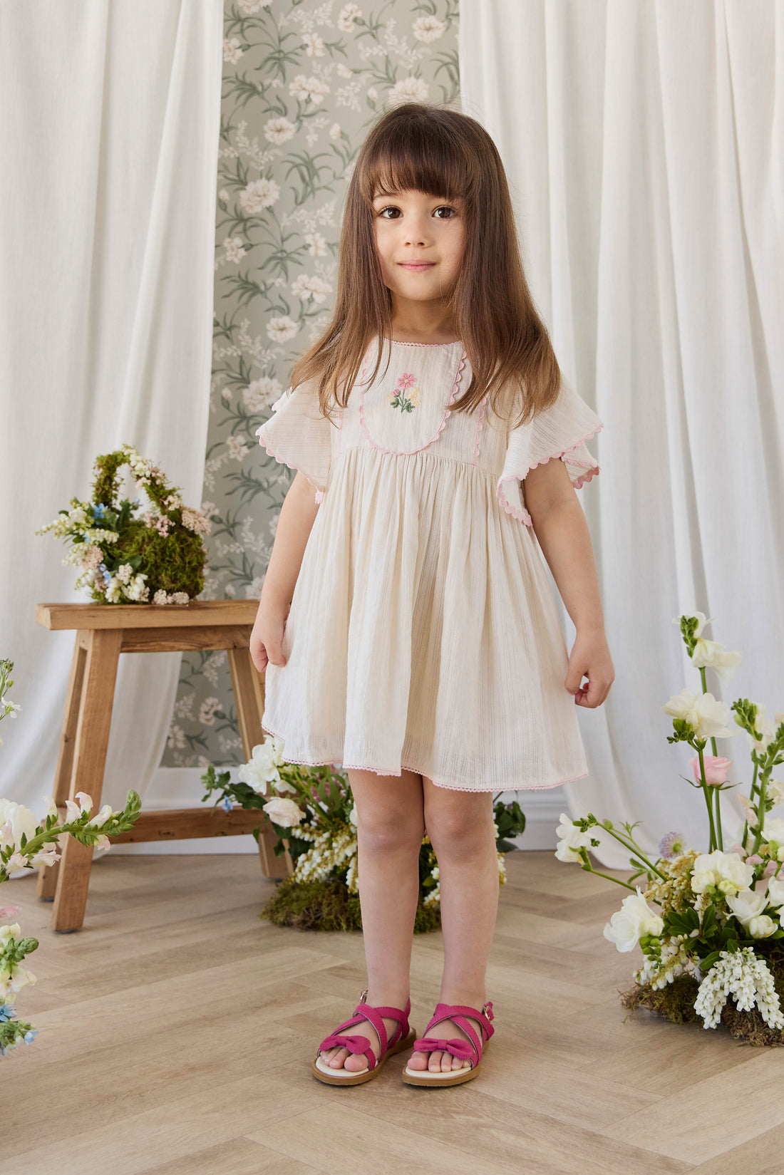 Organic Cotton Zadie Dress - Vanilla Embroidery Pink Childrens Dress from Jamie Kay USA