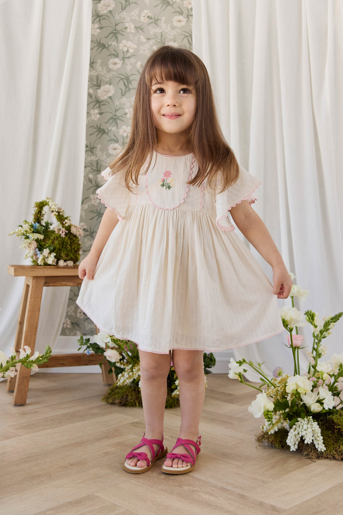 Organic Cotton Zadie Dress - Vanilla Embroidery Pink Childrens Dress from Jamie Kay USA