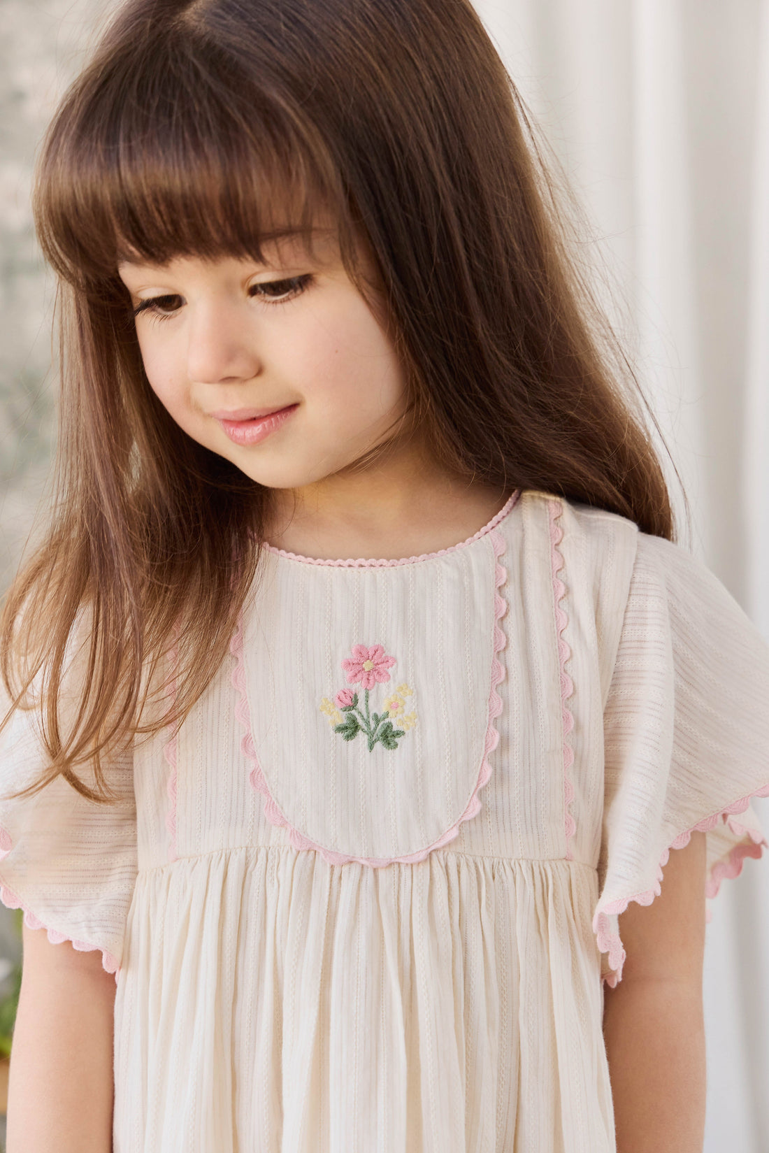 Organic Cotton Zadie Dress - Vanilla Embroidery Pink Childrens Dress from Jamie Kay USA