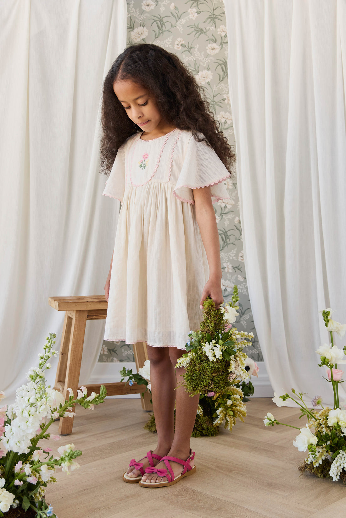 Organic Cotton Zadie Dress - Vanilla Embroidery Pink Childrens Dress from Jamie Kay USA