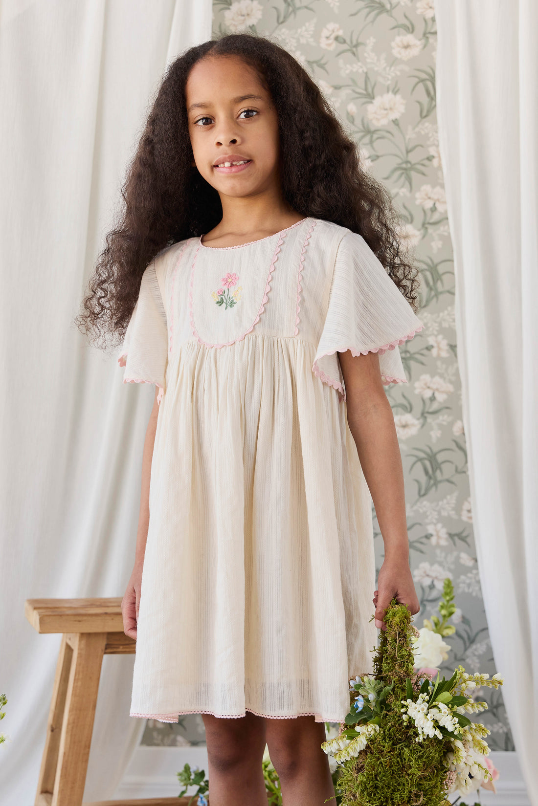 Organic Cotton Zadie Dress - Vanilla Embroidery Pink Childrens Dress from Jamie Kay USA