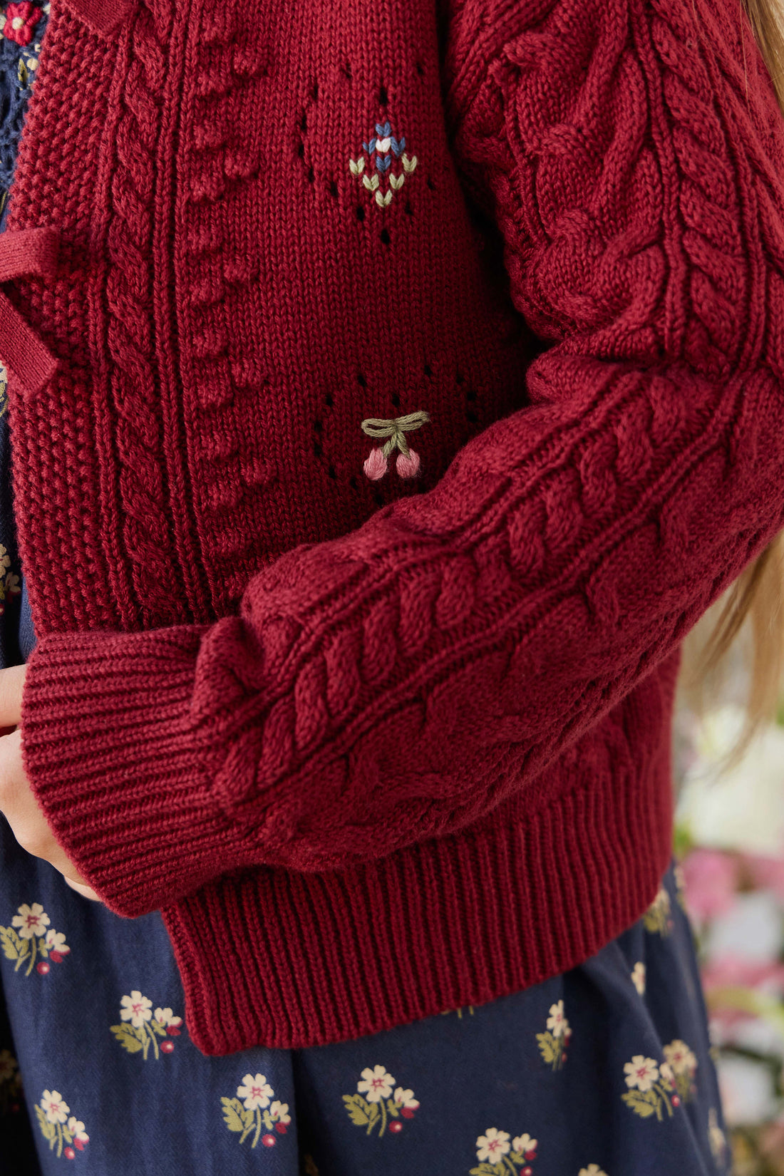 Jovie Knitted Cardigan - Josephine Embroidery Vintage Cherry Childrens Cardigan from Jamie Kay USA
