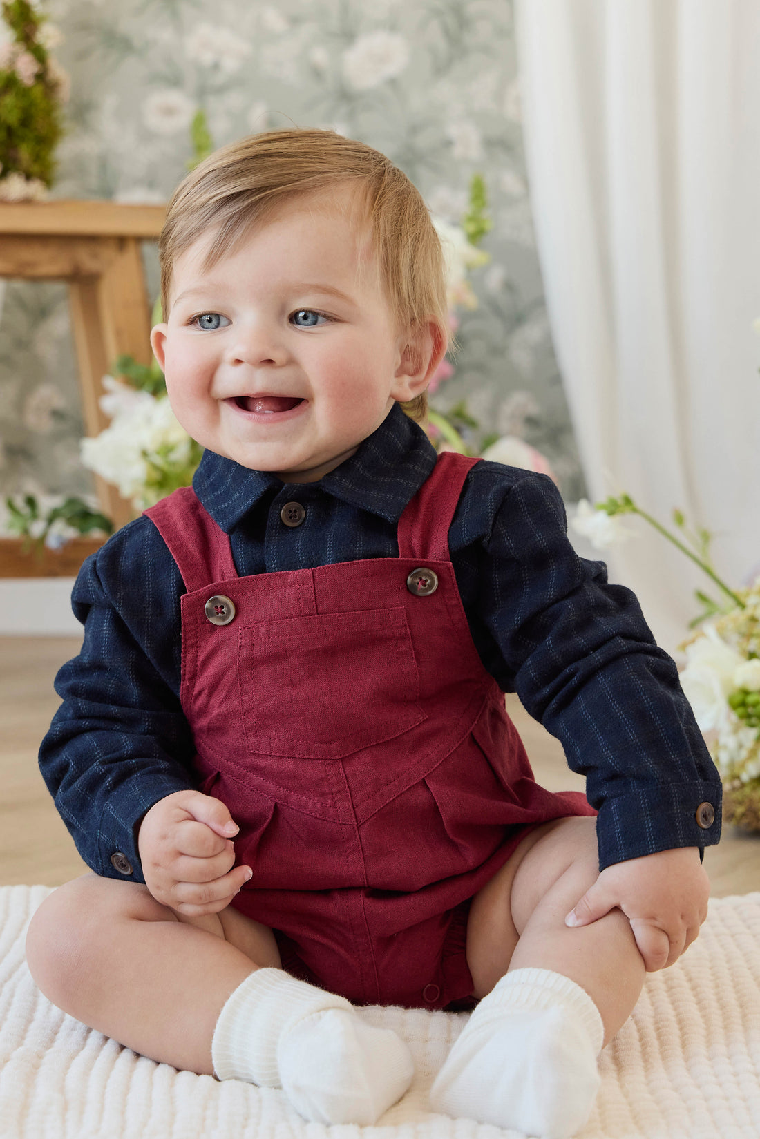 Linen Ira Playsuit - Cherry Childrens Playsuit from Jamie Kay USA