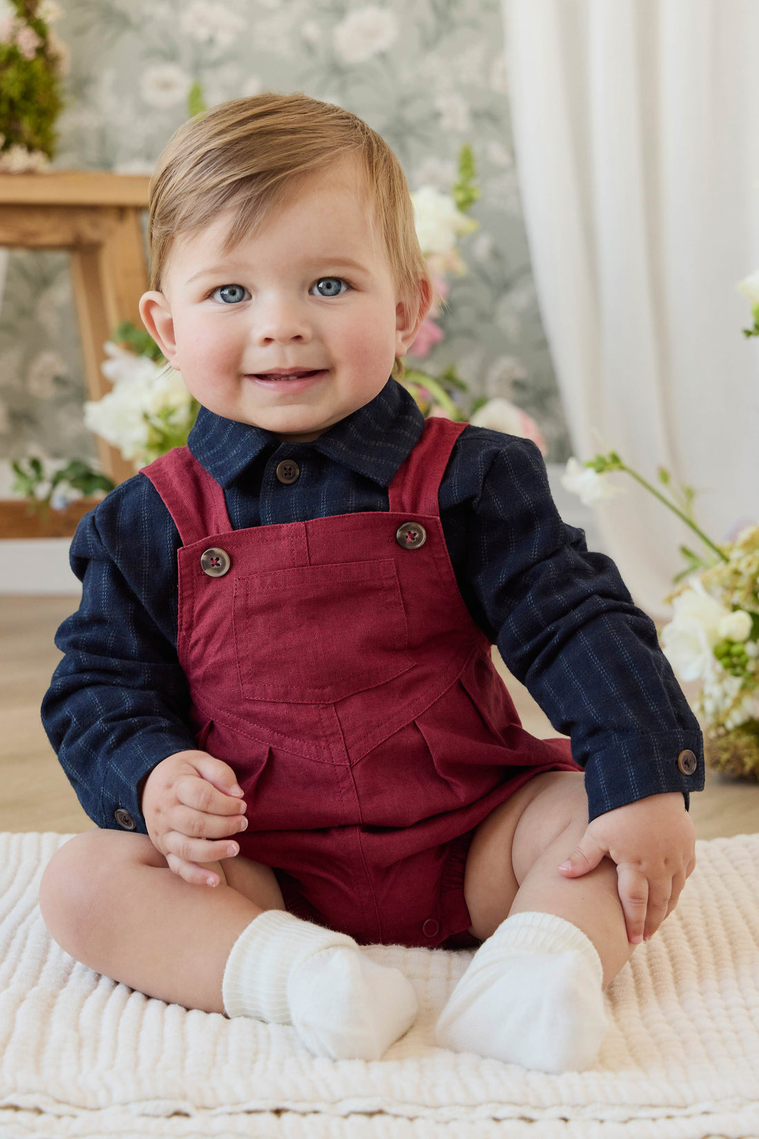 Linen Ira Playsuit - Cherry Childrens Playsuit from Jamie Kay USA