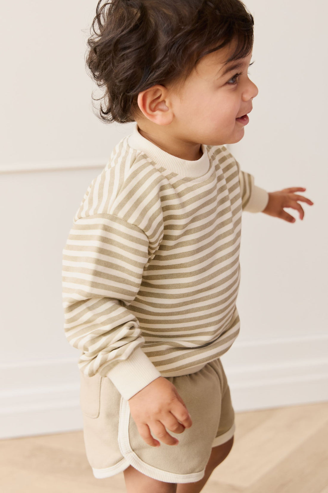 Organic Cotton Peyton Sweatshirt - Slim Stripe Sandy Brown/Cloud Childrens Top from Jamie Kay USA