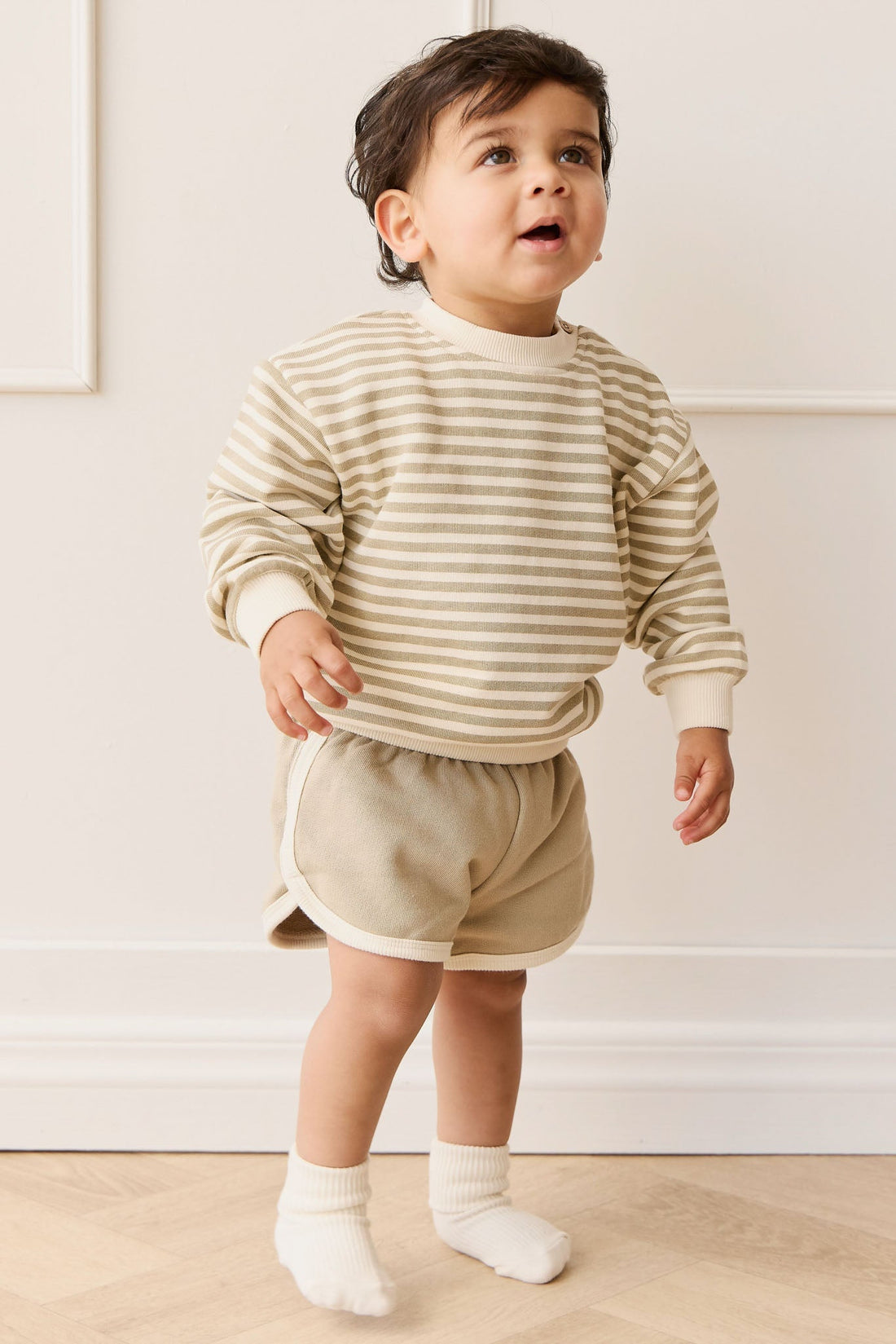 Organic Cotton Peyton Sweatshirt - Slim Stripe Sandy Brown/Cloud Childrens Top from Jamie Kay USA