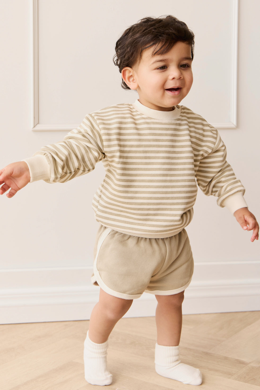 Organic Cotton Peyton Sweatshirt - Slim Stripe Sandy Brown/Cloud Childrens Top from Jamie Kay USA