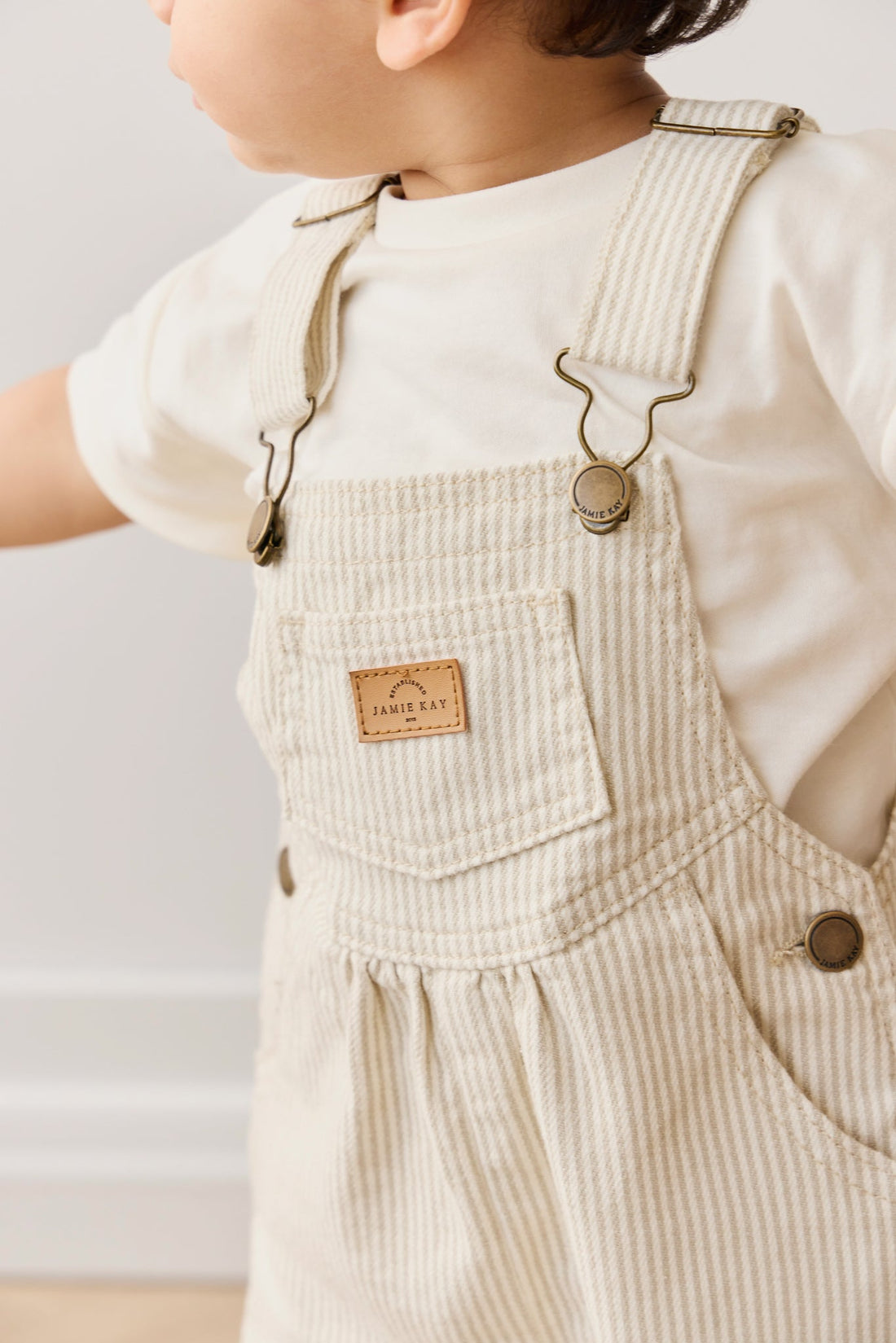 Cecil Overall - Fine Vertical Stripe Sandy Brown/Cloud Childrens Overall from Jamie Kay USA