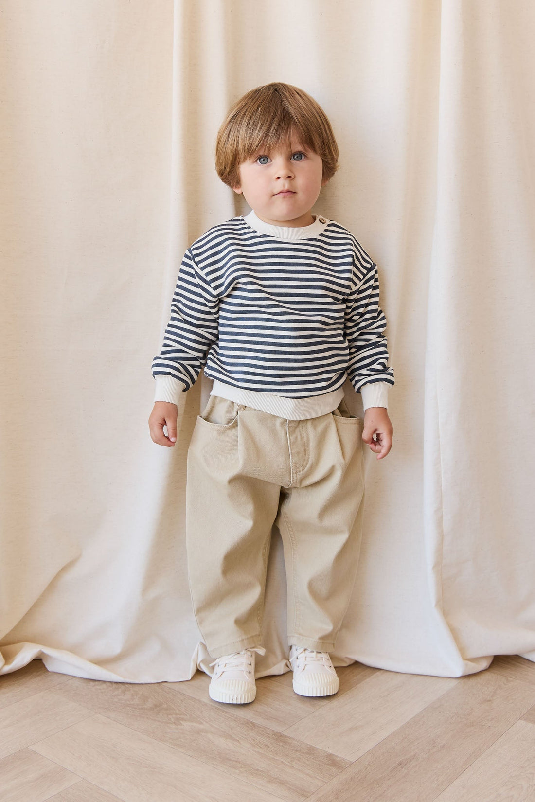 Organic Cotton Peyton Sweatshirt - Slim Stripe Charter/Cloud Childrens Top from Jamie Kay USA