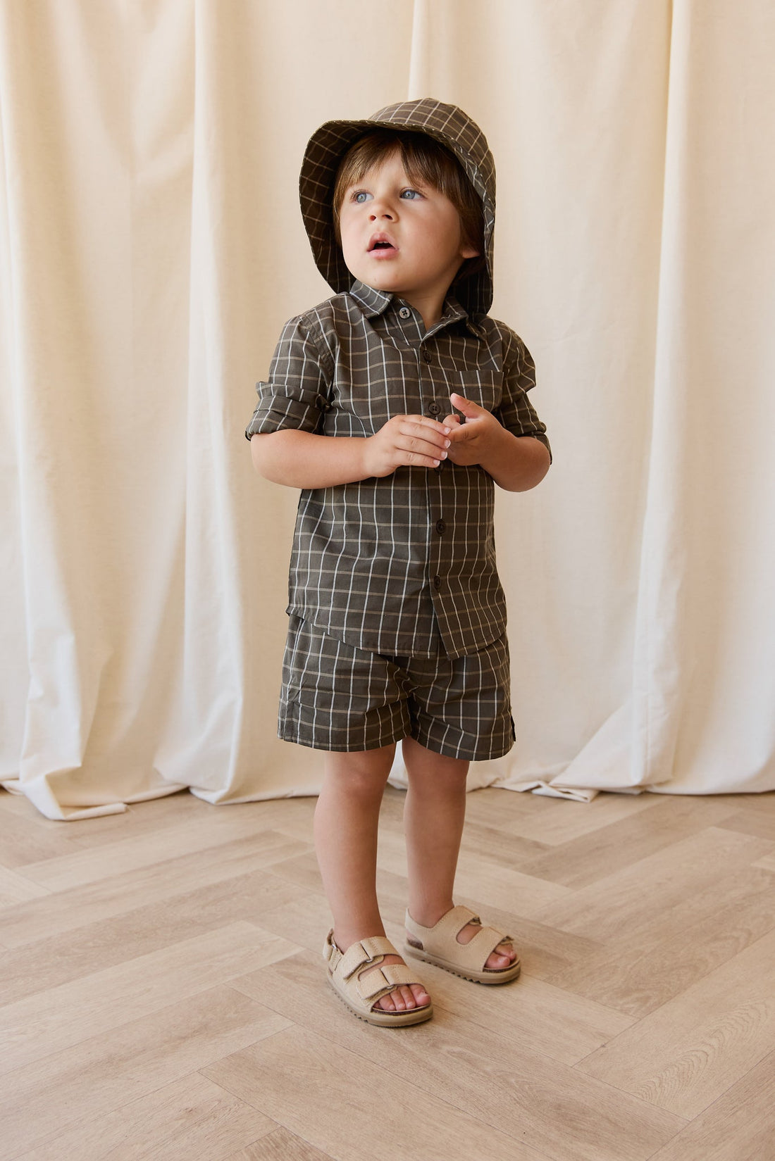 Organic Cotton Silas Short - Variegated Grid Tarmac Childrens Short from Jamie Kay USA