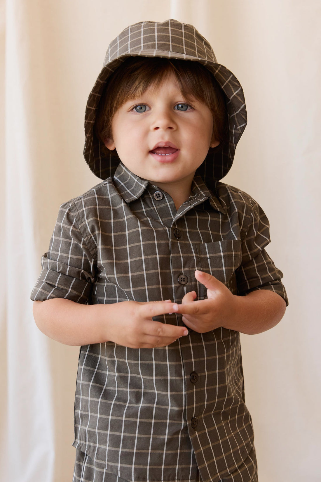 Organic Cotton Bucket Hat - Variegated Grid Tarmac Childrens Hat from Jamie Kay USA