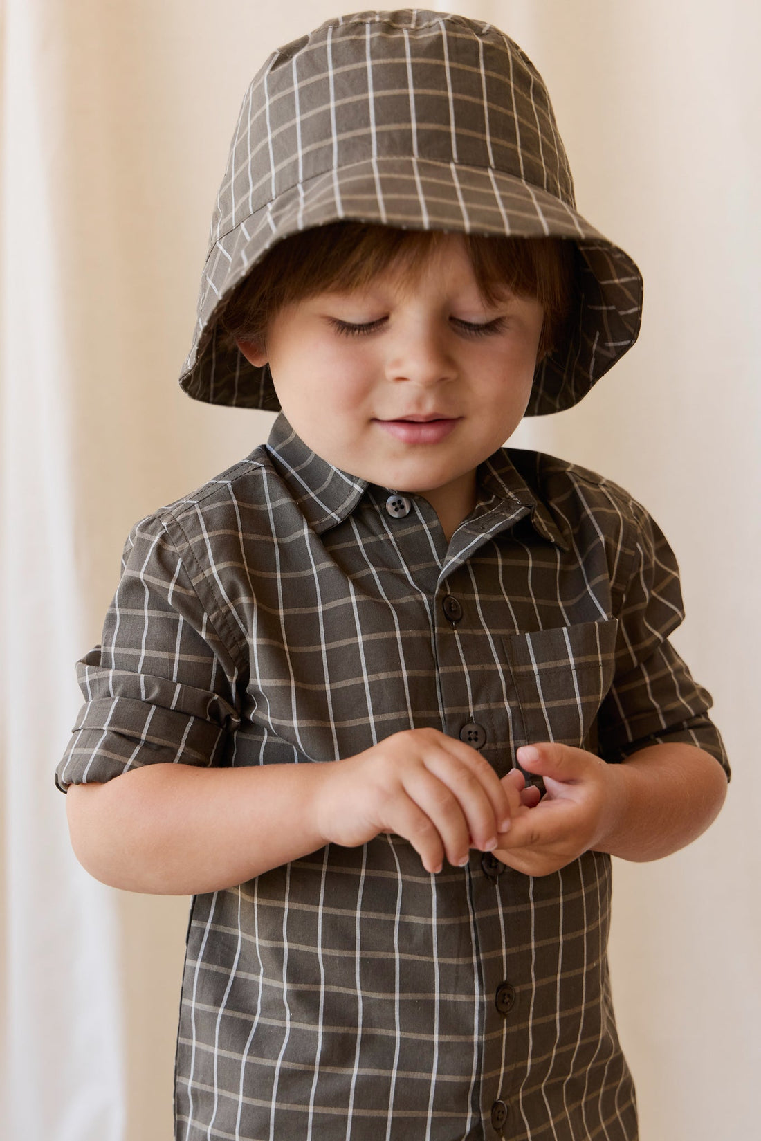 Organic Cotton Bucket Hat - Variegated Grid Tarmac Childrens Hat from Jamie Kay USA