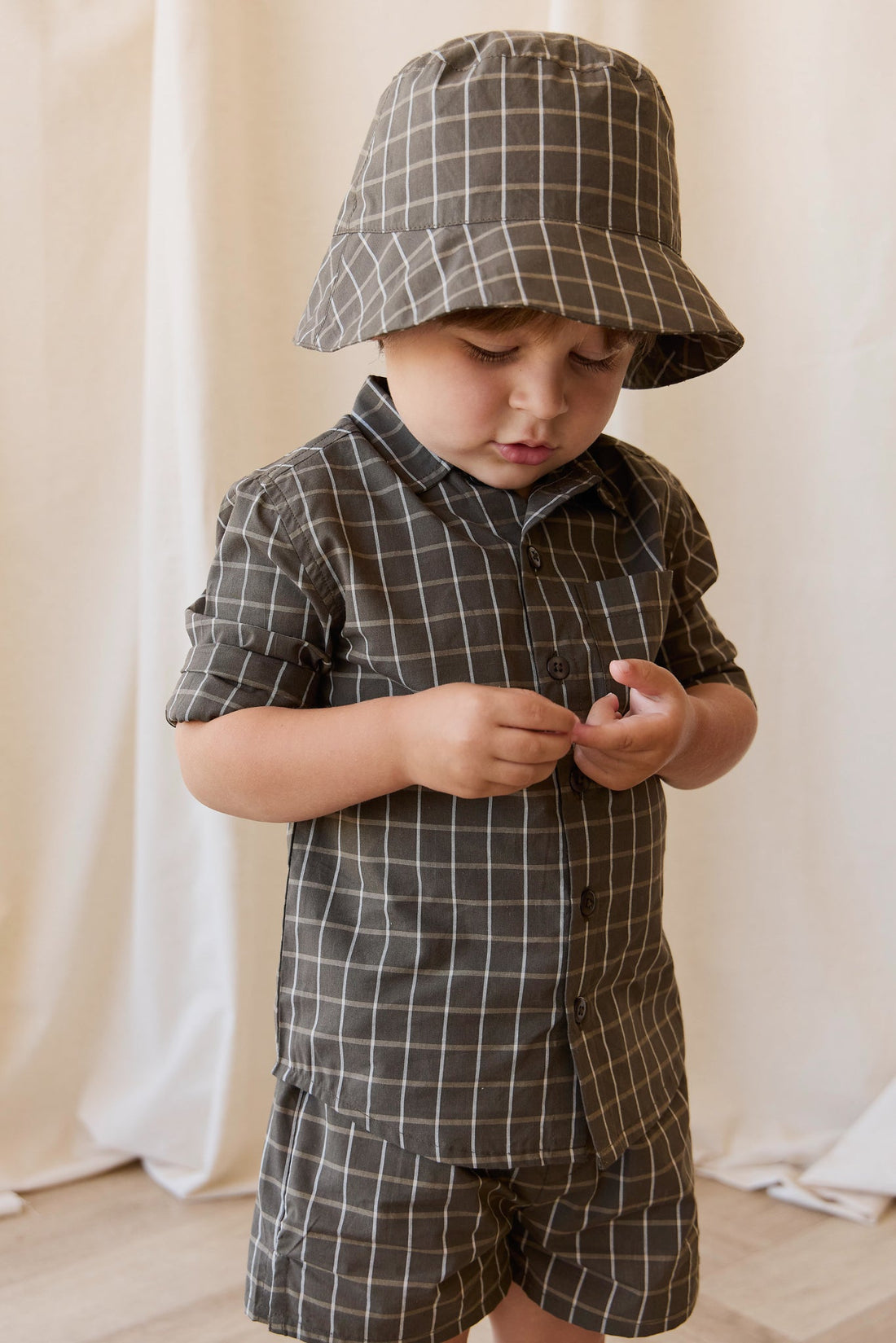 Organic Cotton Bucket Hat - Variegated Grid Tarmac Childrens Hat from Jamie Kay USA