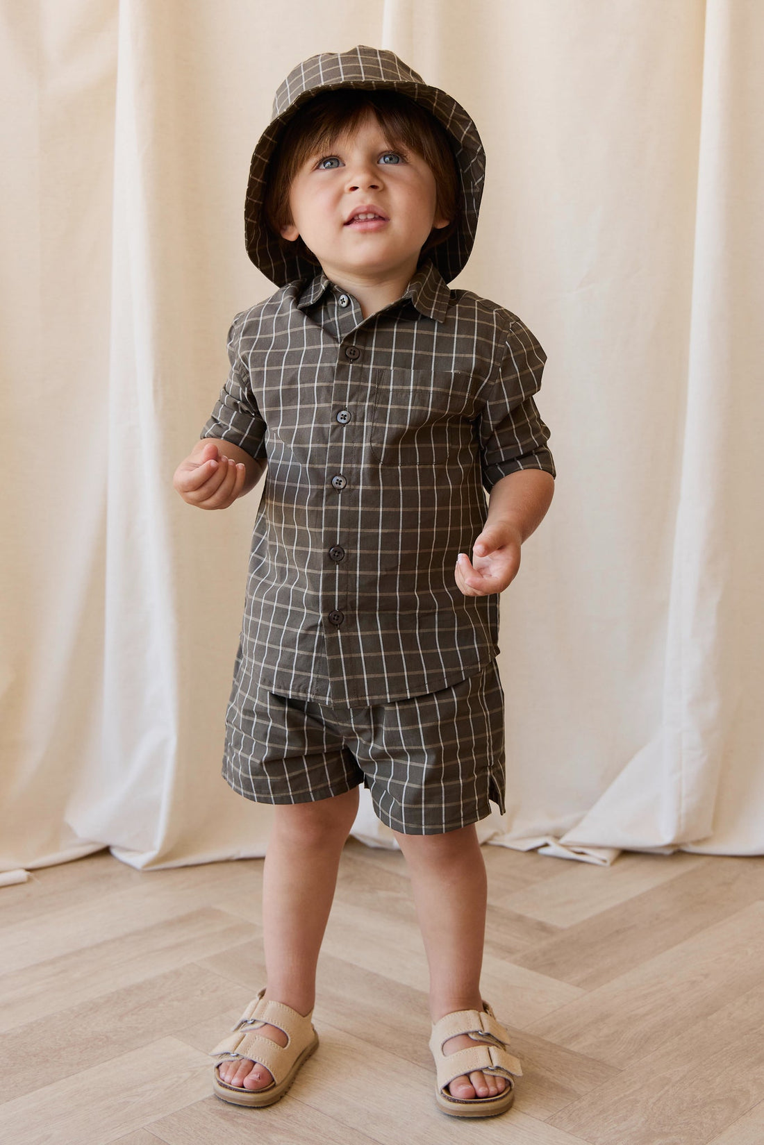 Organic Cotton Silas Short - Variegated Grid Tarmac Childrens Short from Jamie Kay USA