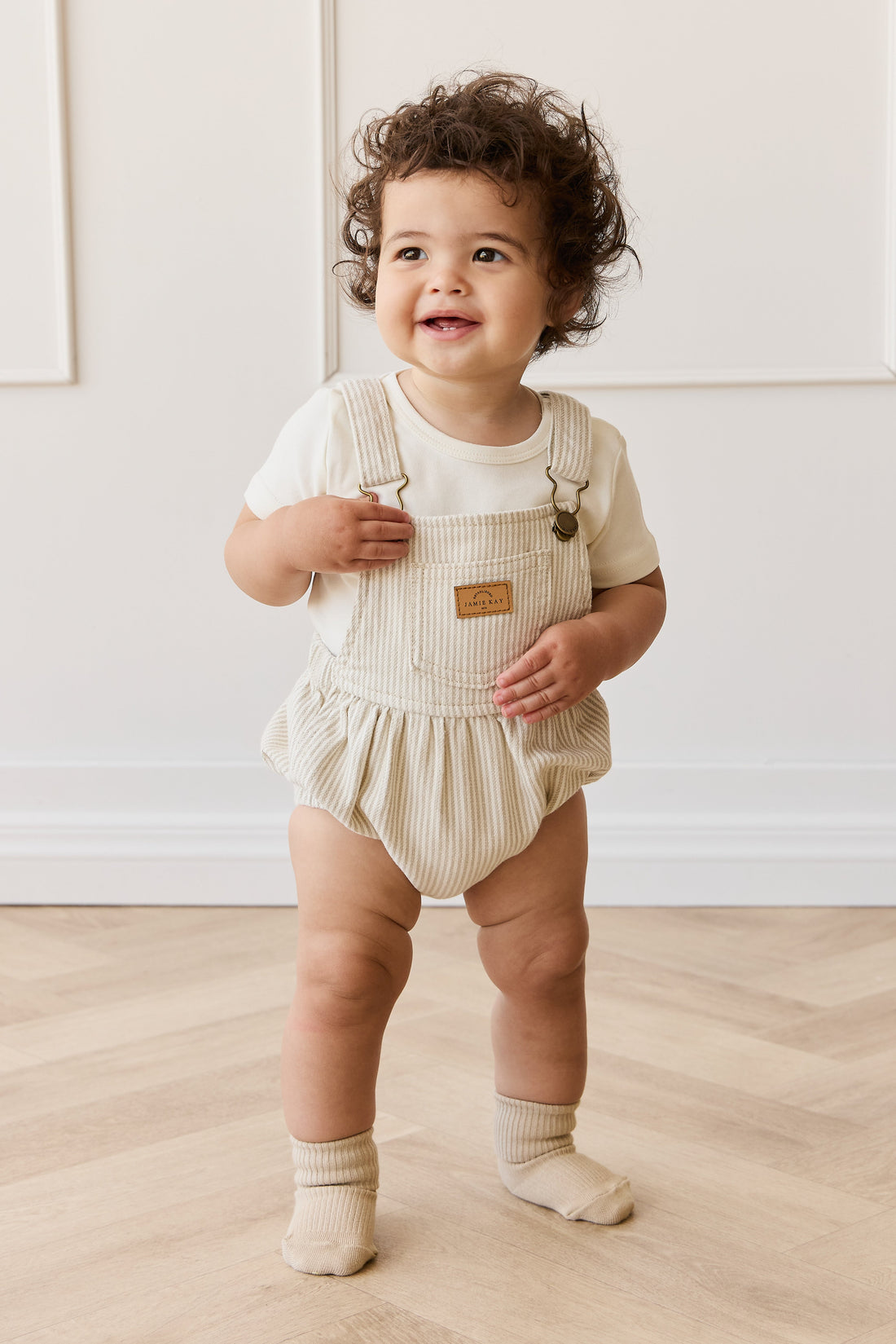 Pax Playsuit - Fine Vertical Stripe Sandy Brown/Cloud Childrens Playsuit from Jamie Kay USA