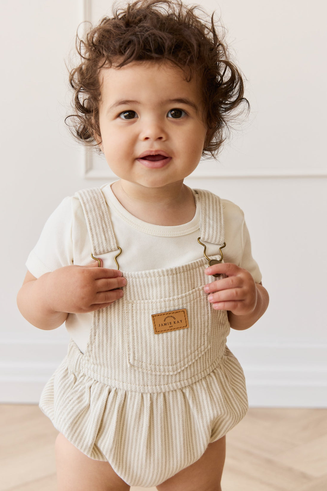 Pax Playsuit - Fine Vertical Stripe Sandy Brown/Cloud Childrens Playsuit from Jamie Kay USA
