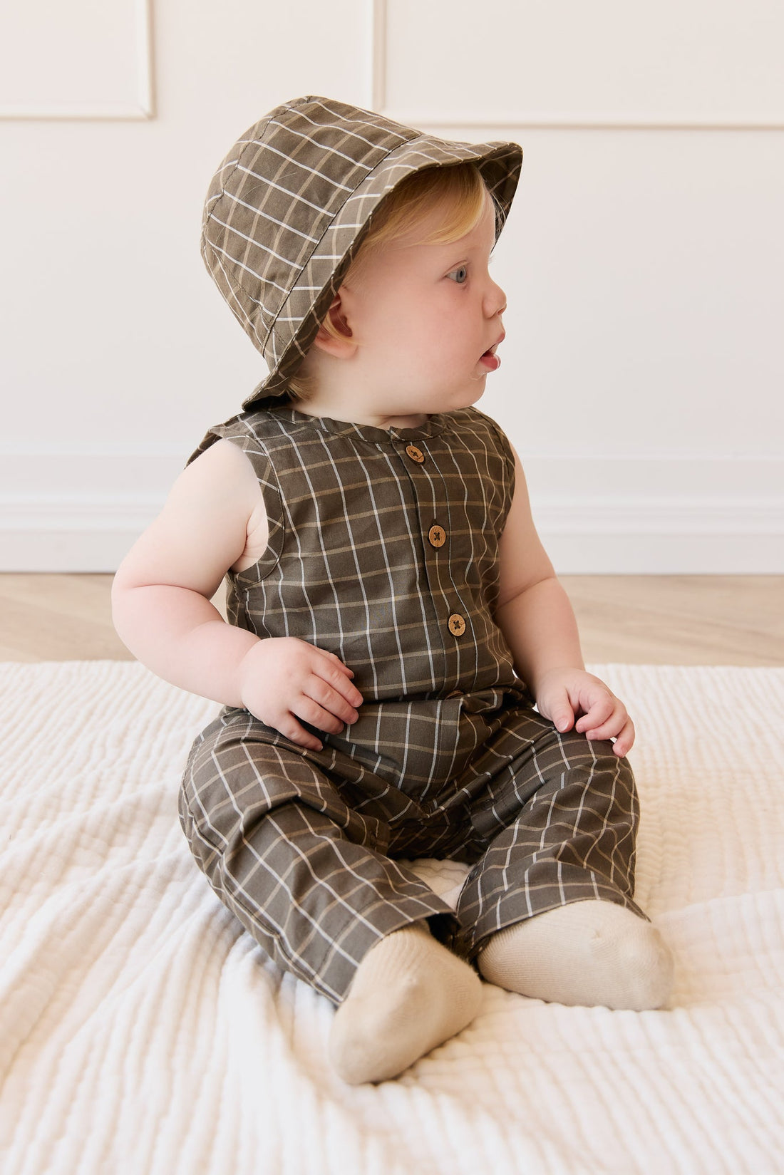 Organic Cotton Milo Jumpsuit - Variegated Grid Tarmac Childrens Jumpsuit from Jamie Kay USA