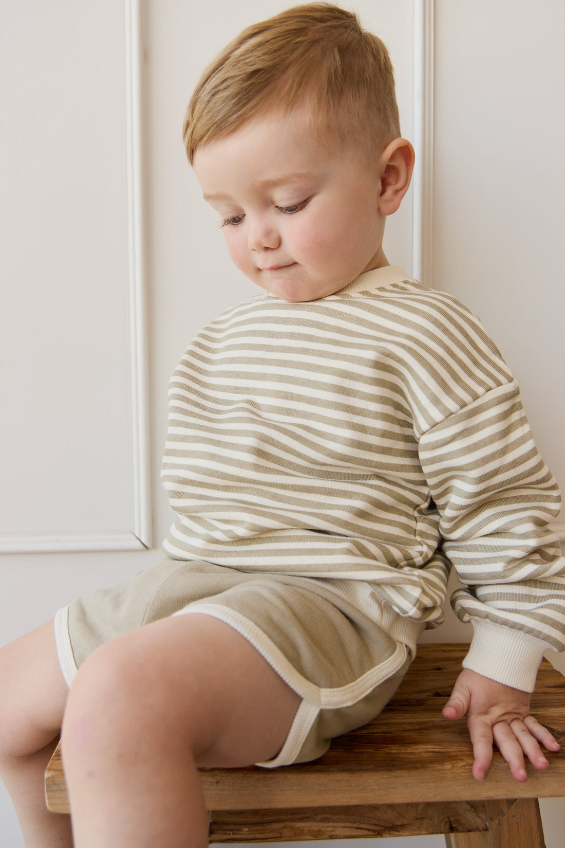 Organic Cotton Peyton Sweatshirt - Slim Stripe Sandy Brown/Cloud Childrens Top from Jamie Kay USA