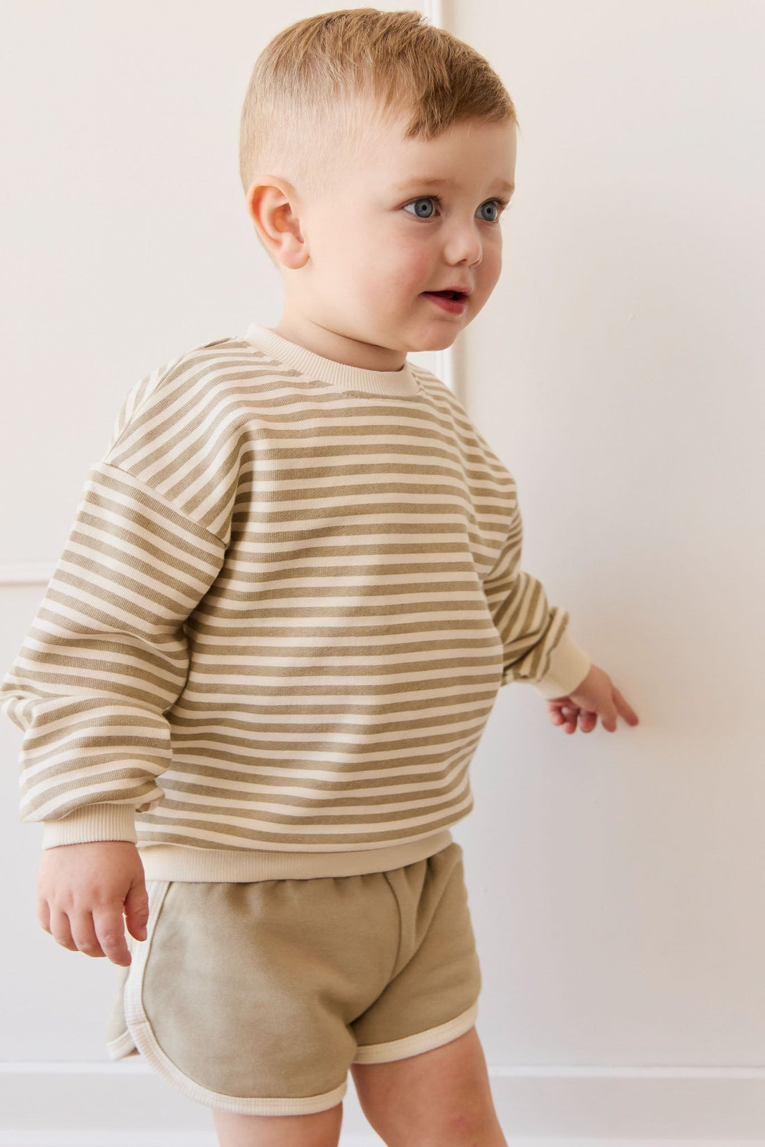 Organic Cotton Peyton Sweatshirt - Slim Stripe Sandy Brown/Cloud Childrens Top from Jamie Kay USA