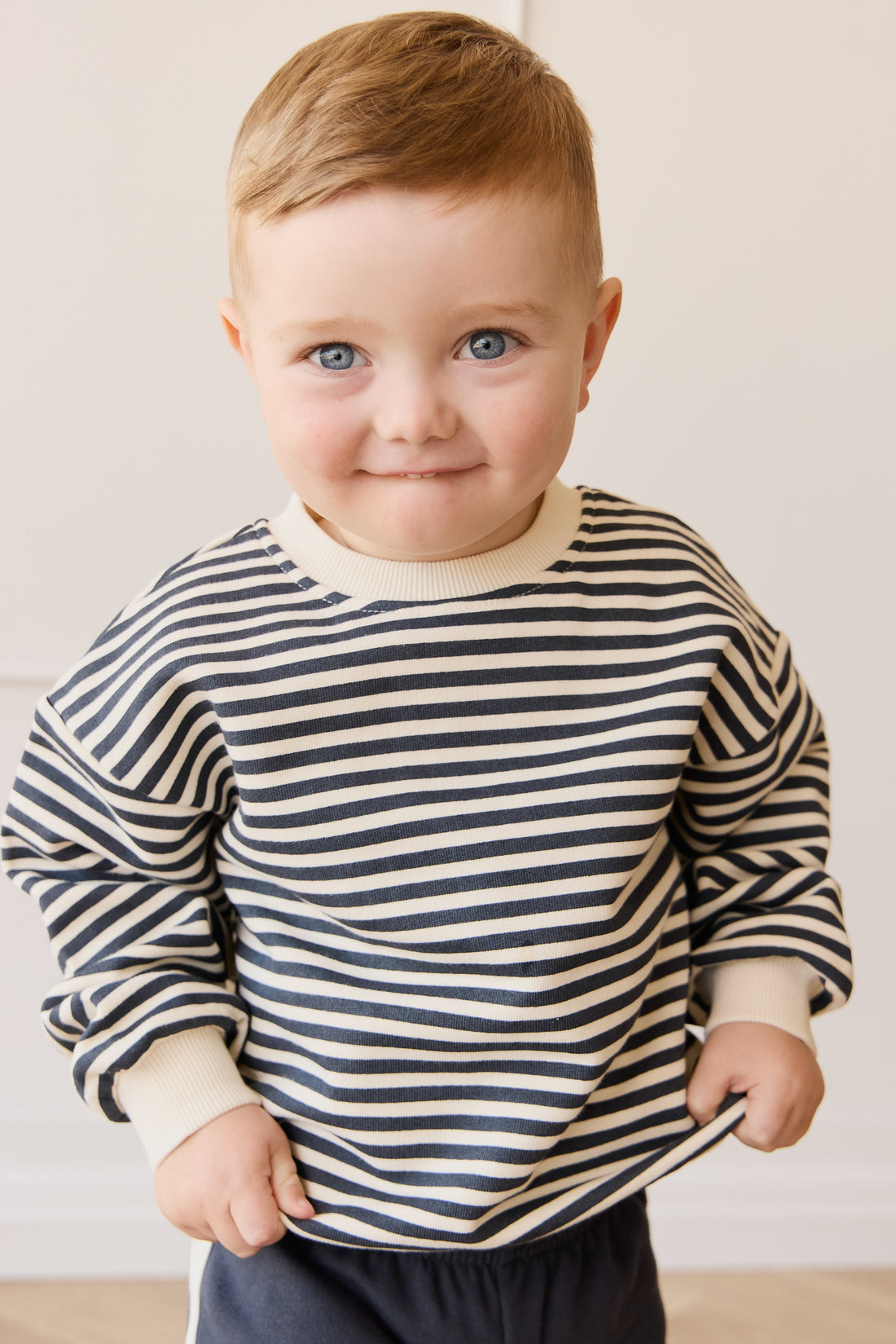 Organic Cotton Peyton Sweatshirt - Slim Stripe Charter/Cloud Childrens Top from Jamie Kay USA