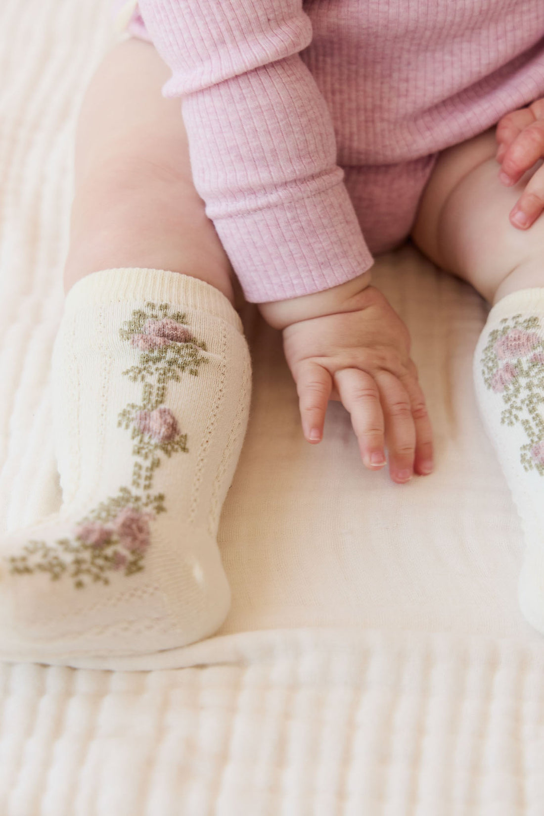 Tasha Floral Jacquard Sock - Egret Childrens Sock from Jamie Kay USA