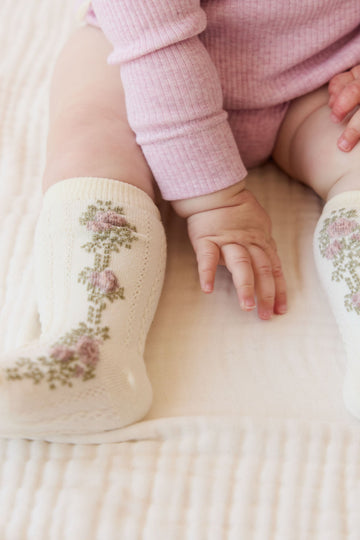 Tasha Floral Jacquard Sock - Egret Childrens Sock from Jamie Kay USA