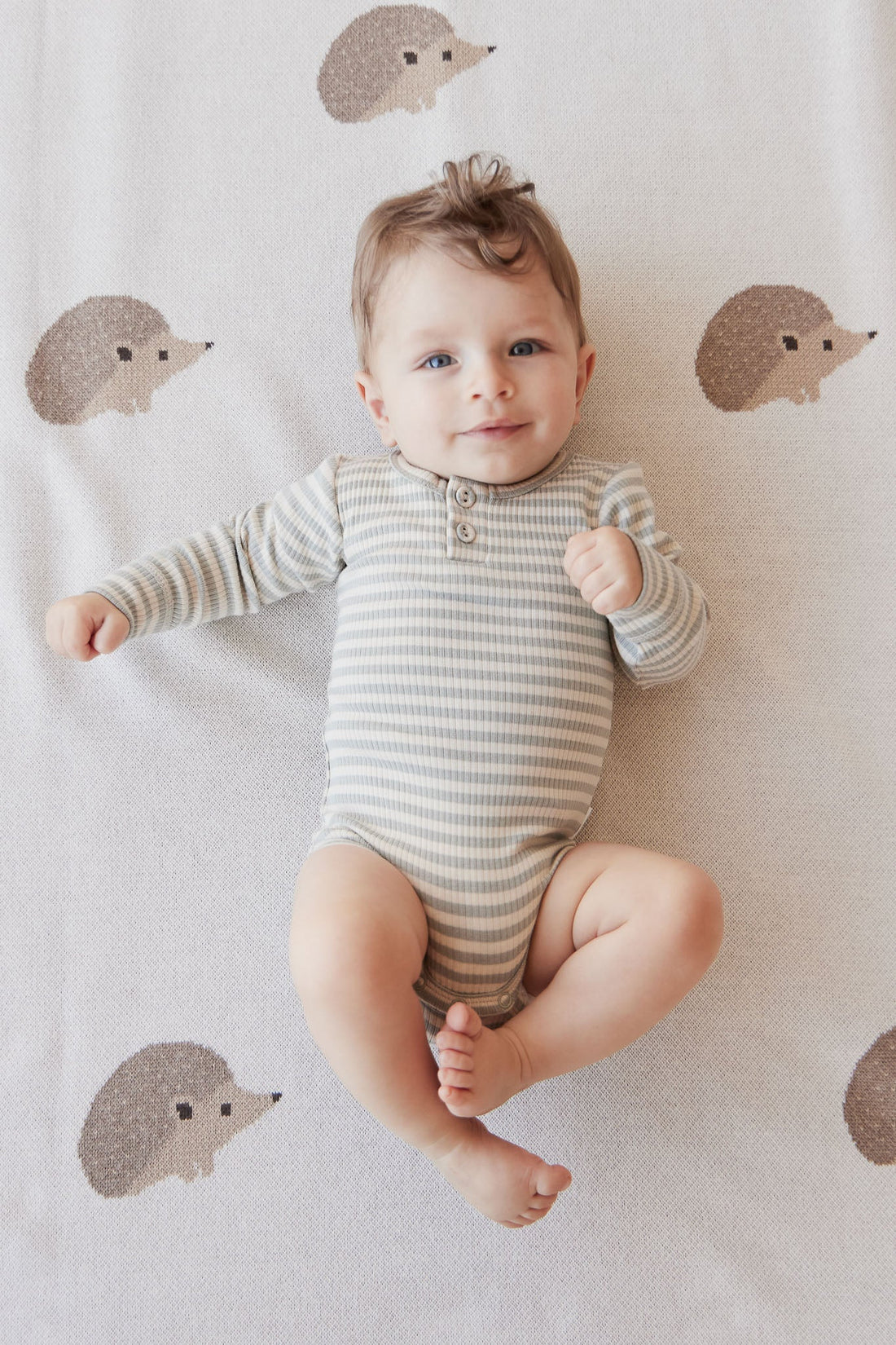 Organic Cotton Modal Long Sleeve Bodysuit - Narrow Stripe Willow/Soft Clay Childrens Bodysuit from Jamie Kay USA