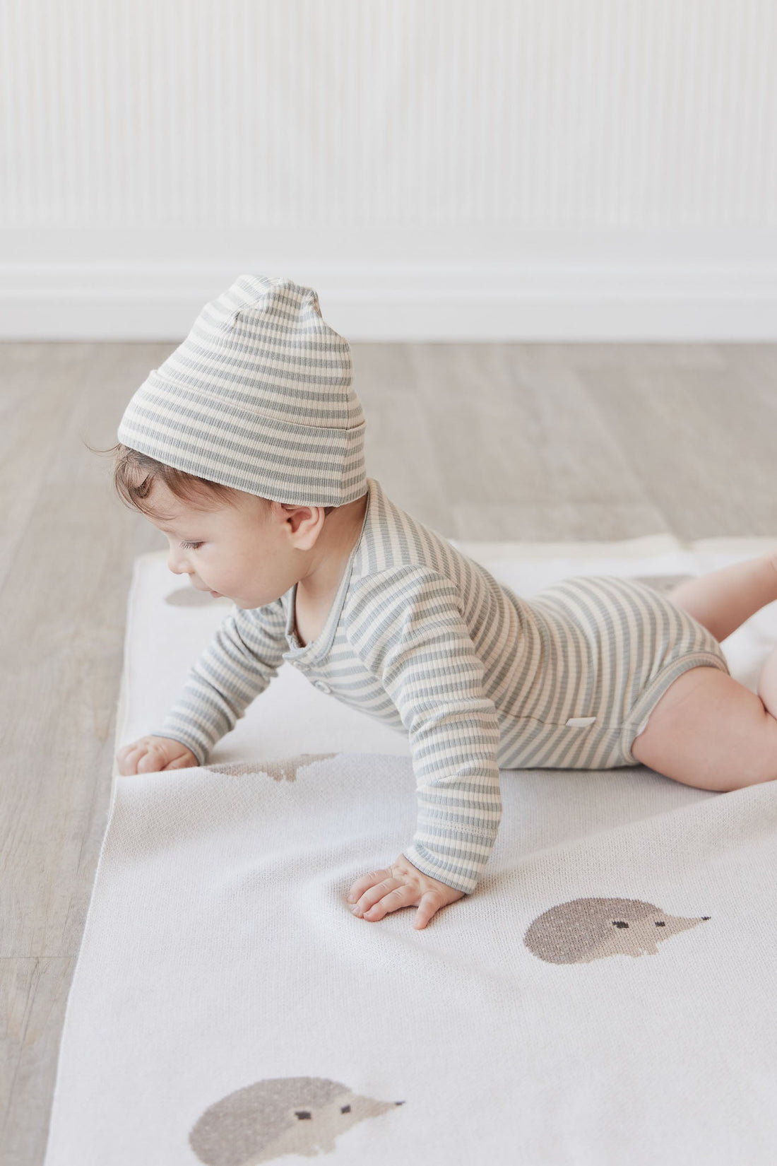 Organic Cotton Modal Long Sleeve Bodysuit - Narrow Stripe Willow/Soft Clay Childrens Bodysuit from Jamie Kay USA