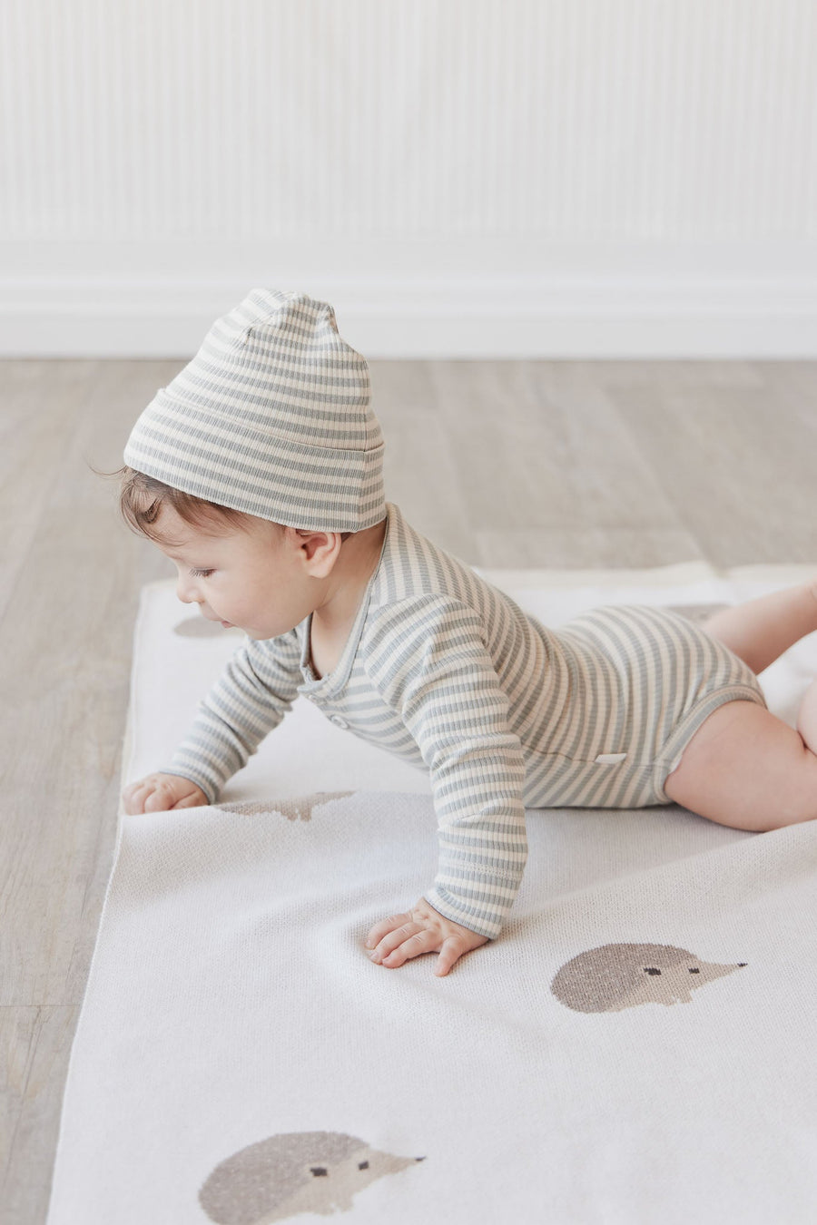 Organic Cotton Modal Lennon Beanie - Narrow Stripe Willow/Soft Clay Childrens Hat from Jamie Kay USA