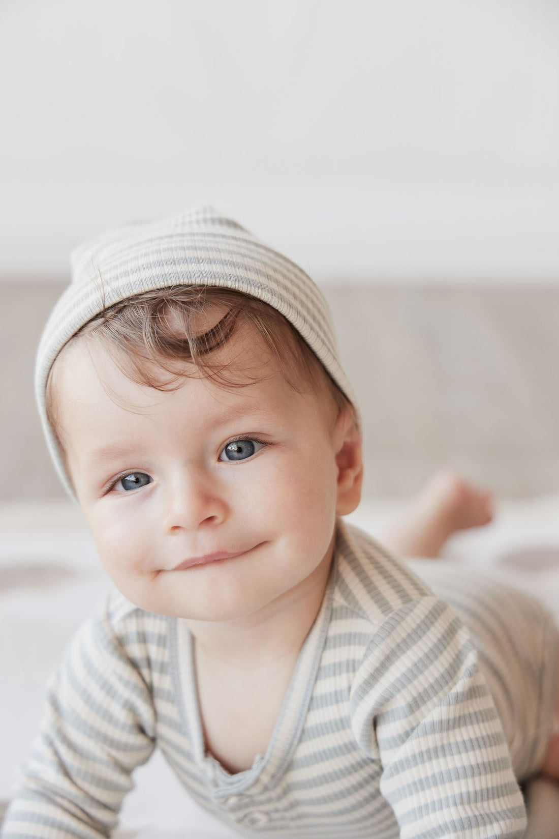 Organic Cotton Modal Lennon Beanie - Narrow Stripe Willow/Soft Clay Childrens Hat from Jamie Kay USA