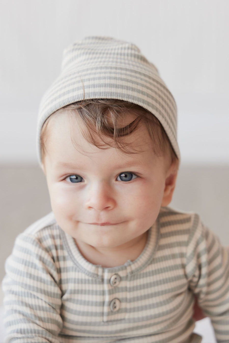 Organic Cotton Modal Lennon Beanie - Narrow Stripe Willow/Soft Clay Childrens Hat from Jamie Kay USA