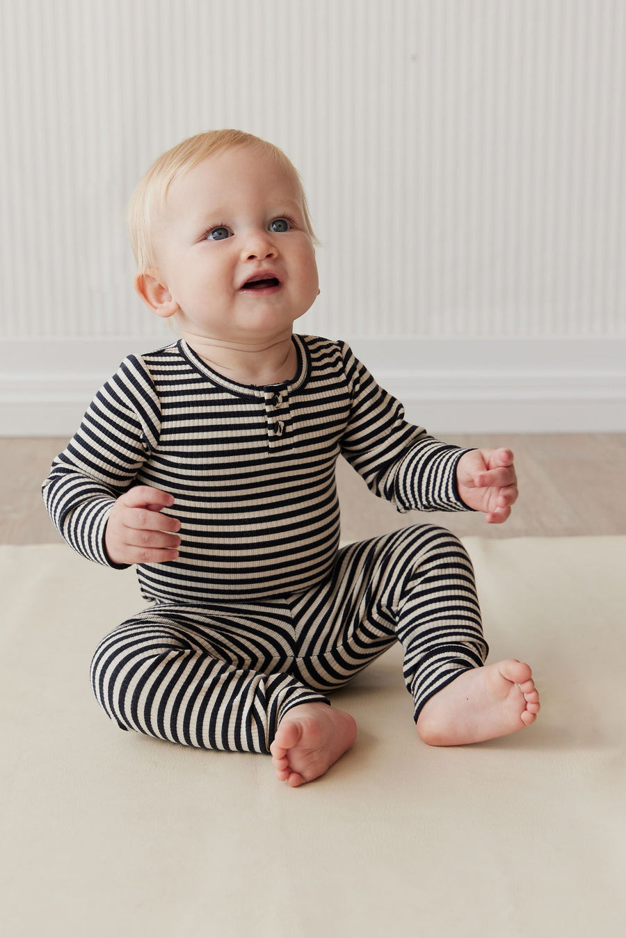 Organic Cotton Modal Long Sleeve Bodysuit - Narrow Stripe Constellation/Soft Clay Childrens Bodysuit from Jamie Kay USA