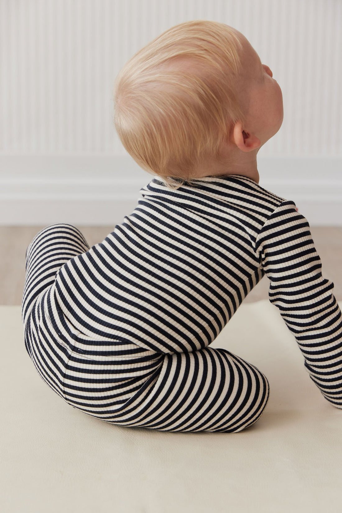 Organic Cotton Modal Long Sleeve Bodysuit - Narrow Stripe Constellation/Soft Clay Childrens Bodysuit from Jamie Kay USA