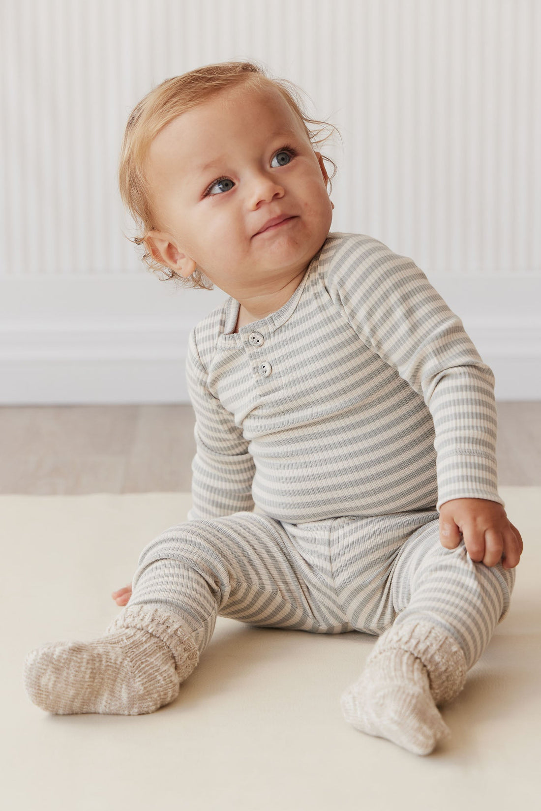 Organic Cotton Modal Long Sleeve Bodysuit - Narrow Stripe Willow/Soft Clay Childrens Bodysuit from Jamie Kay USA