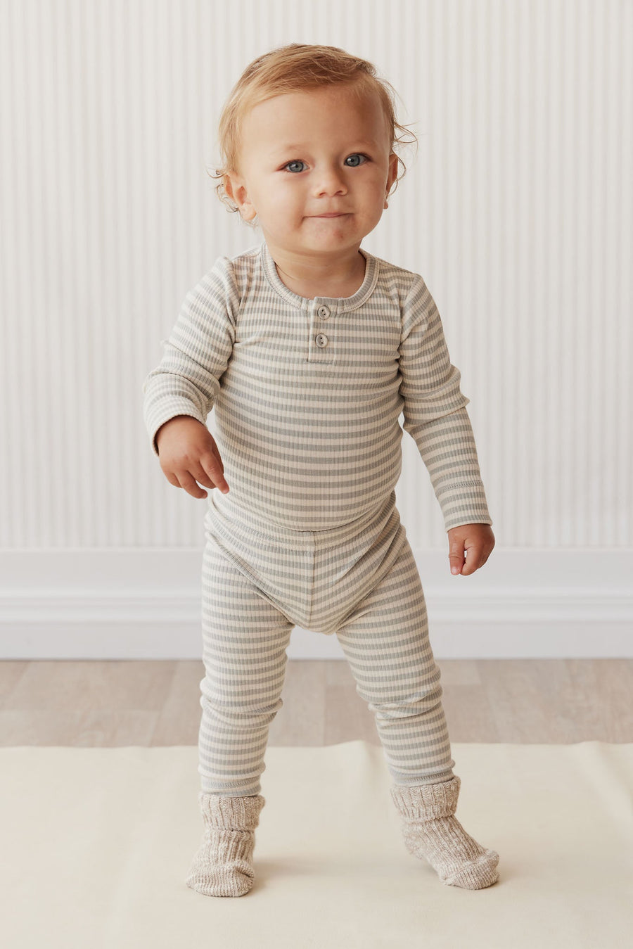 Organic Cotton Modal Long Sleeve Bodysuit - Narrow Stripe Willow/Soft Clay Childrens Bodysuit from Jamie Kay USA