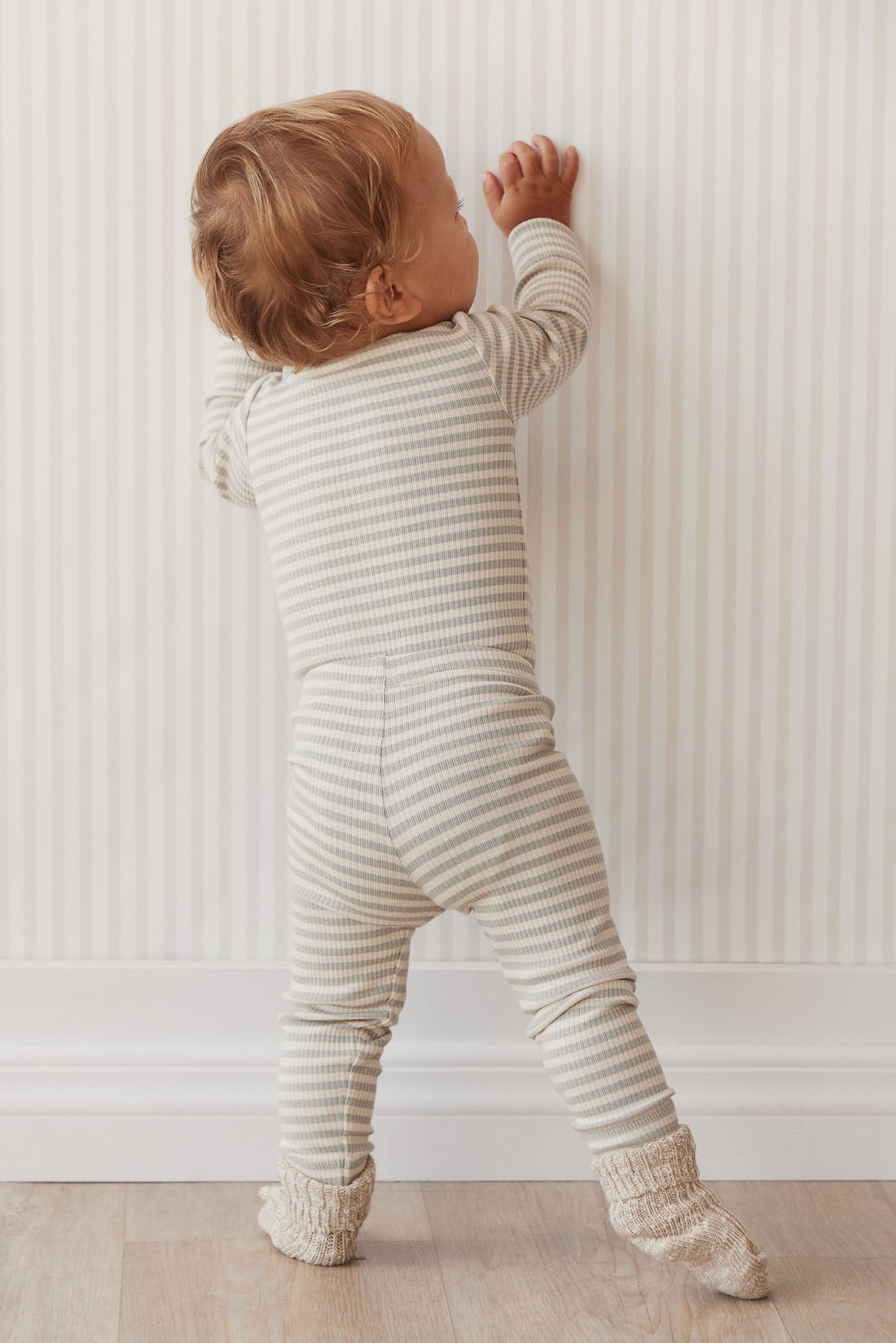 Organic Cotton Modal Long Sleeve Bodysuit - Narrow Stripe Willow/Soft Clay Childrens Bodysuit from Jamie Kay USA