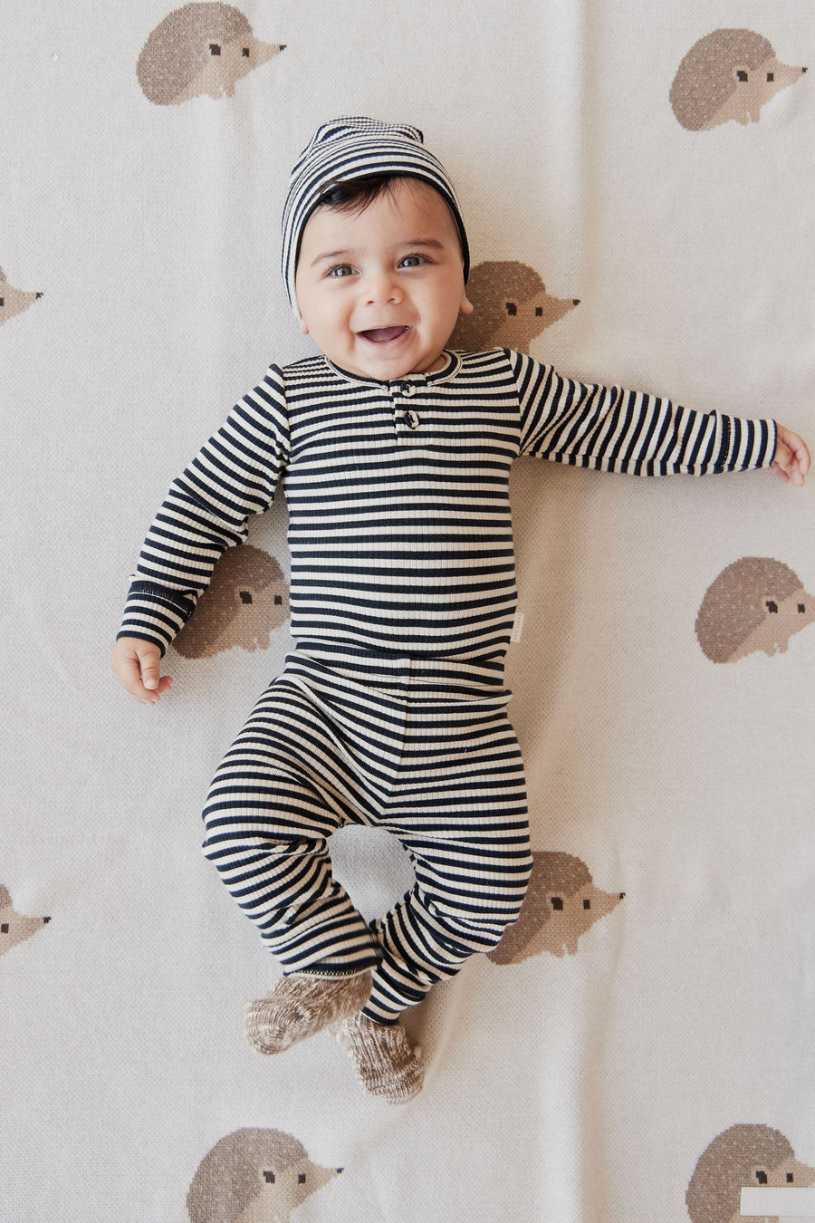 Organic Cotton Modal Long Sleeve Bodysuit - Narrow Stripe Constellation/Soft Clay Childrens Bodysuit from Jamie Kay USA