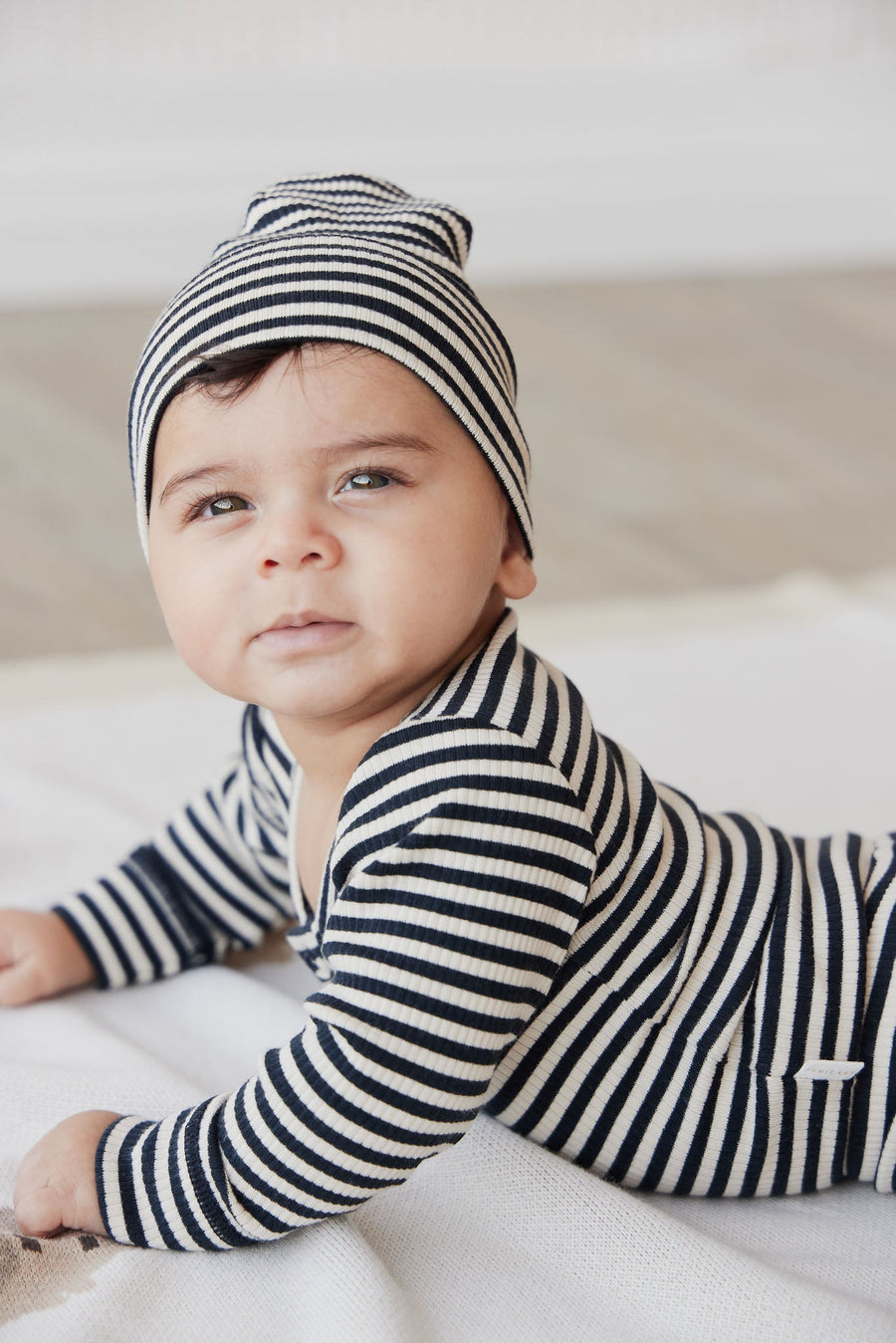 Organic Cotton Modal Lennon Beanie - Narrow Stripe Constellation/Soft Clay Childrens Hat from Jamie Kay USA