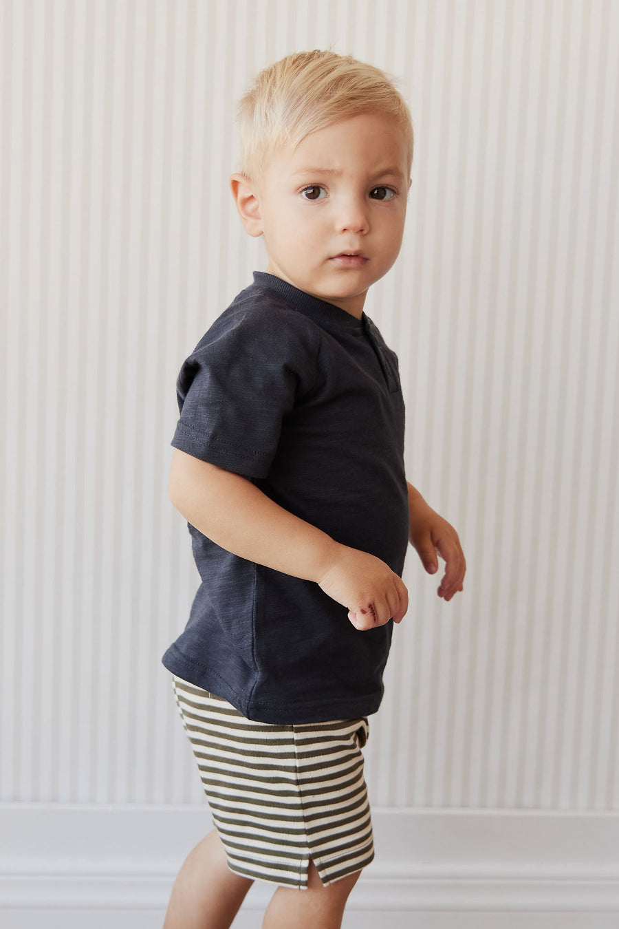 Pima Cotton Marley Short - Narrow Stripe Deep Olive/Soft Clay Childrens Short from Jamie Kay USA