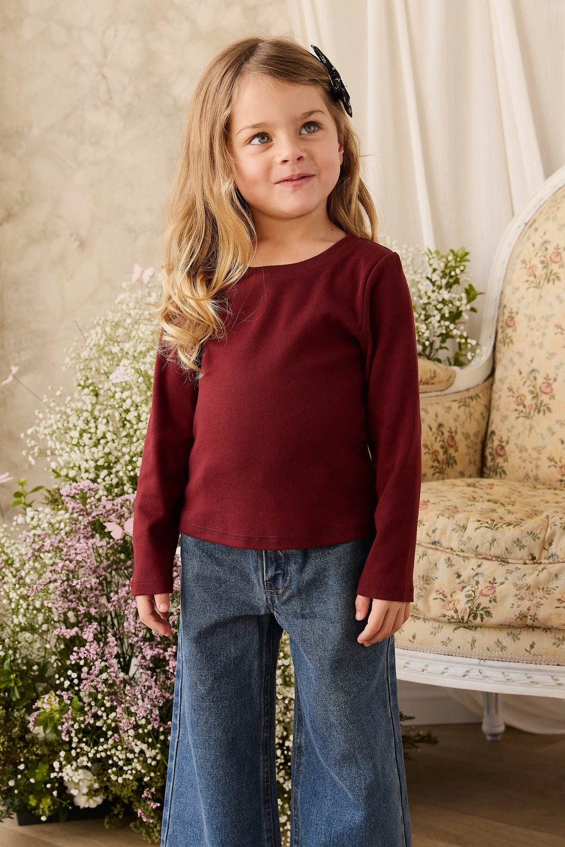 Organic Cotton Rib Helene Long Sleeve Top - Burgundy Childrens Top from Jamie Kay USA